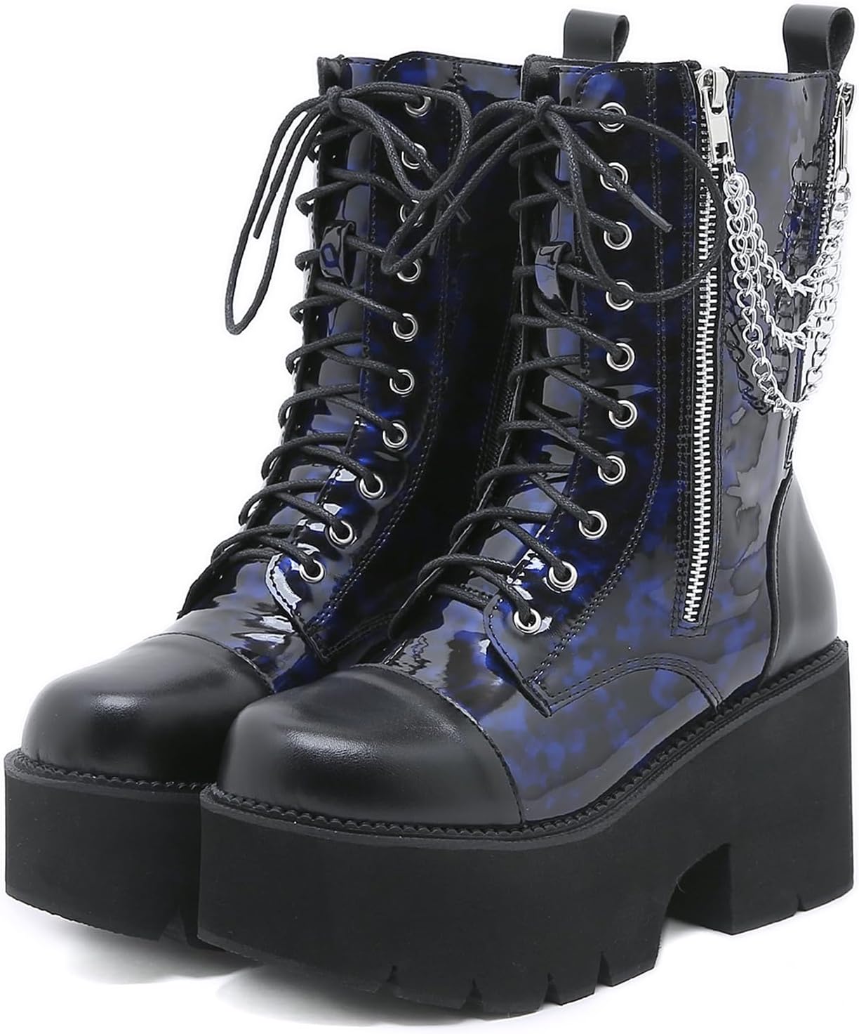 Women's Chunky Block Heel Platform Goth Boots Mid Calf Boots with Chain Combat Boots Side Zip Motorcycle Punk Boots