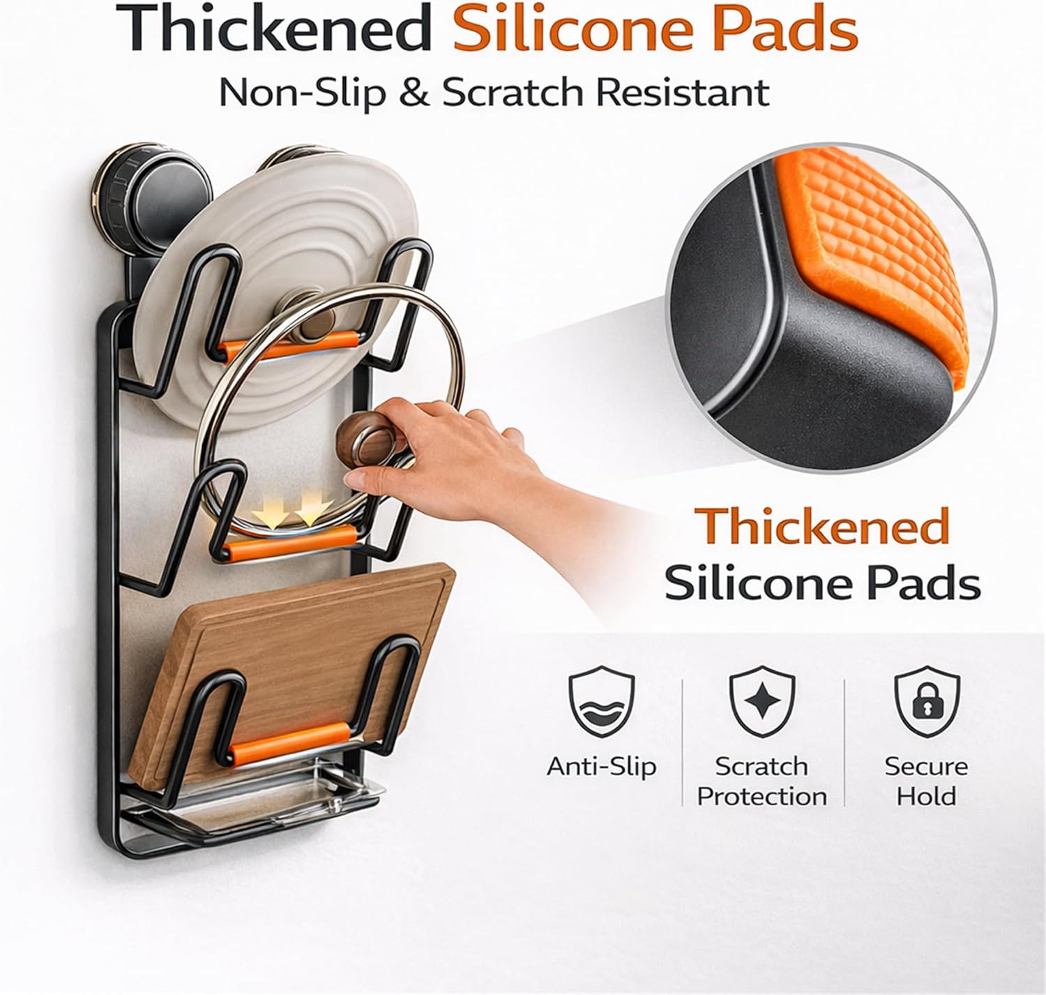 Kitchen Pot Lid Storage Rack Wall Mounted Pot Lid Holder with Suction Cups 3 Tier Heavy Duty Pot Lid Organizer Rack Space Saving Lid and Cutting Board Organizer