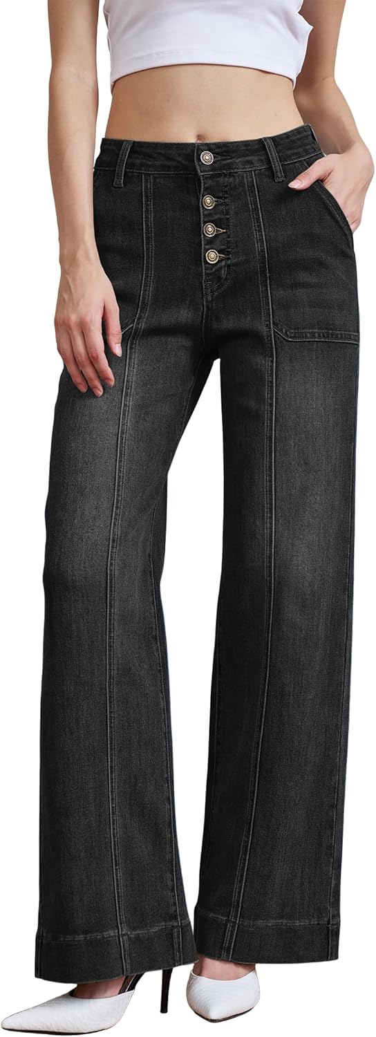 Women's Straight Leg Dad Jeans Seamed Front Stretchy Tummy Control Wide Leg Baggy Pocket Denim Pants