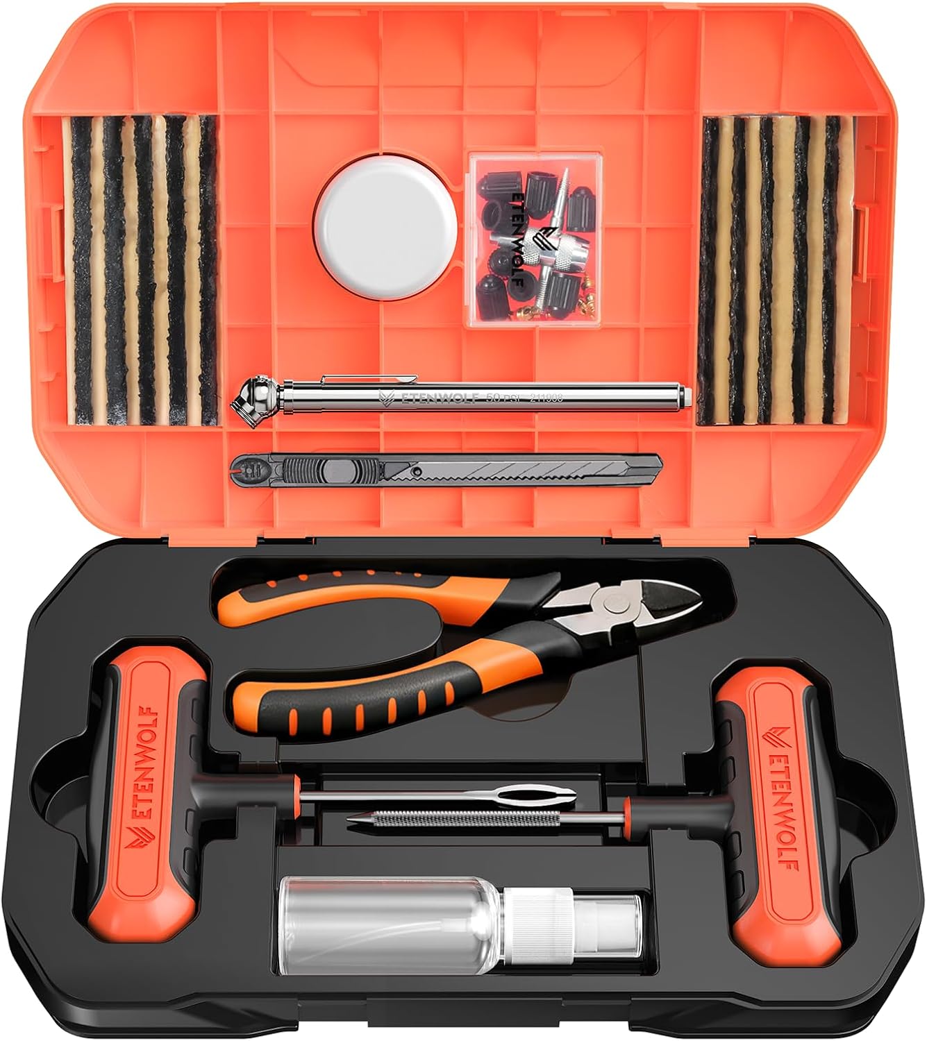 ETENWOLF Tire Repair Kit 42 Pcs, Heavy Duty Tire Plug Kit to Fix Punctures, Tire Repair Tool with Plugs for Car, Motorcycle, ATV, Jeep, Truck, Tractor, Gifts for Him Her Men Women, Vivid Orange