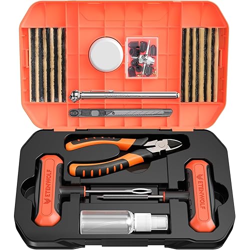 ETENWOLF Tire Repair Kit 42 Pcs, Heavy Duty Tire Plug Kit to Fix Punctures, Tire Repair Tool with Plugs for Car, Motorcycle, ATV, Jeep, Truck, Tractor, Gifts for Him Her Men Women, Vivid Orange