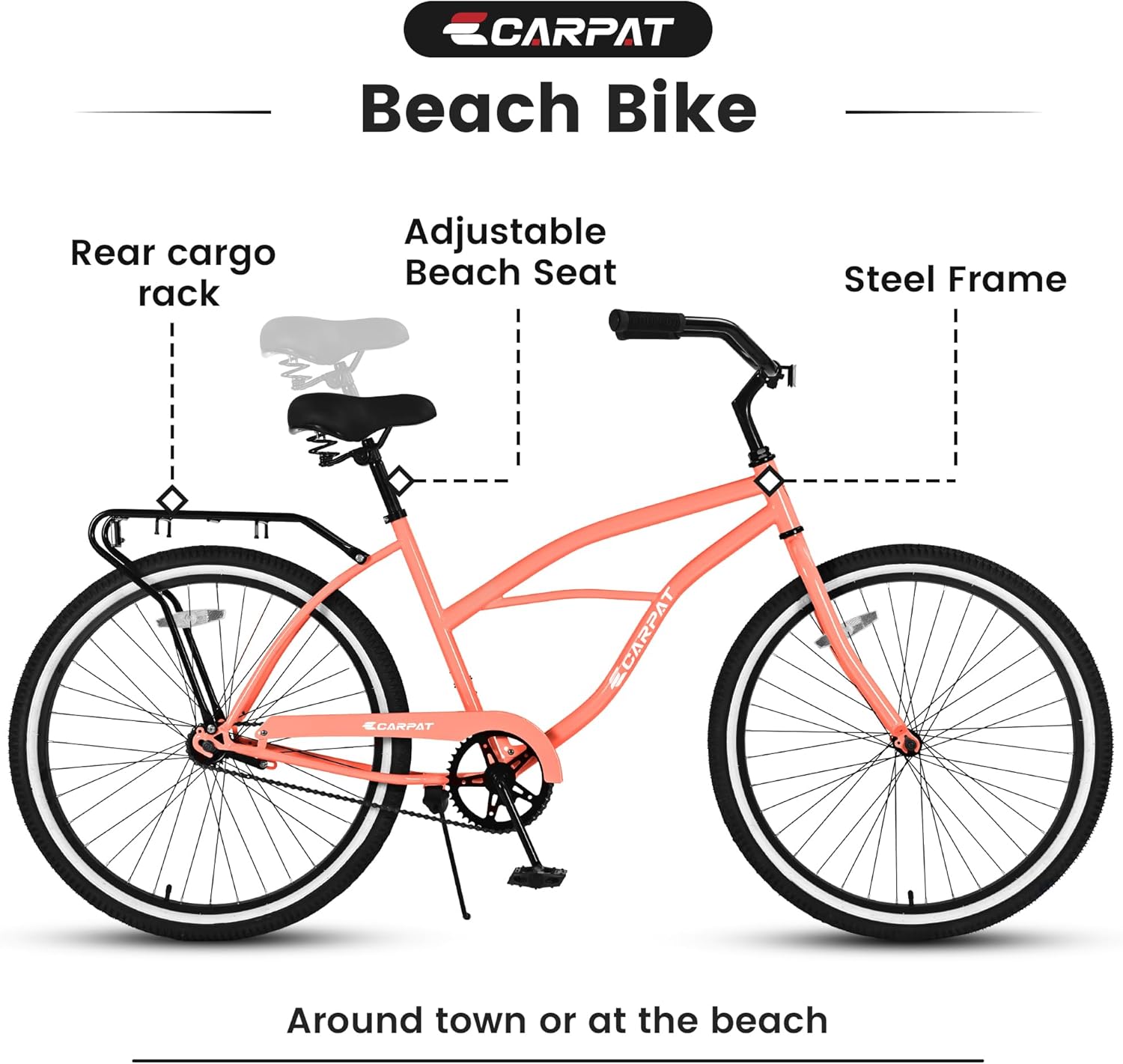 S26204 26 Inch Beach Cruiser Bike for Men and Women, Steel Frame, Single Speed Drivetrain, Upright Comfortable Rides, Multiple Colors