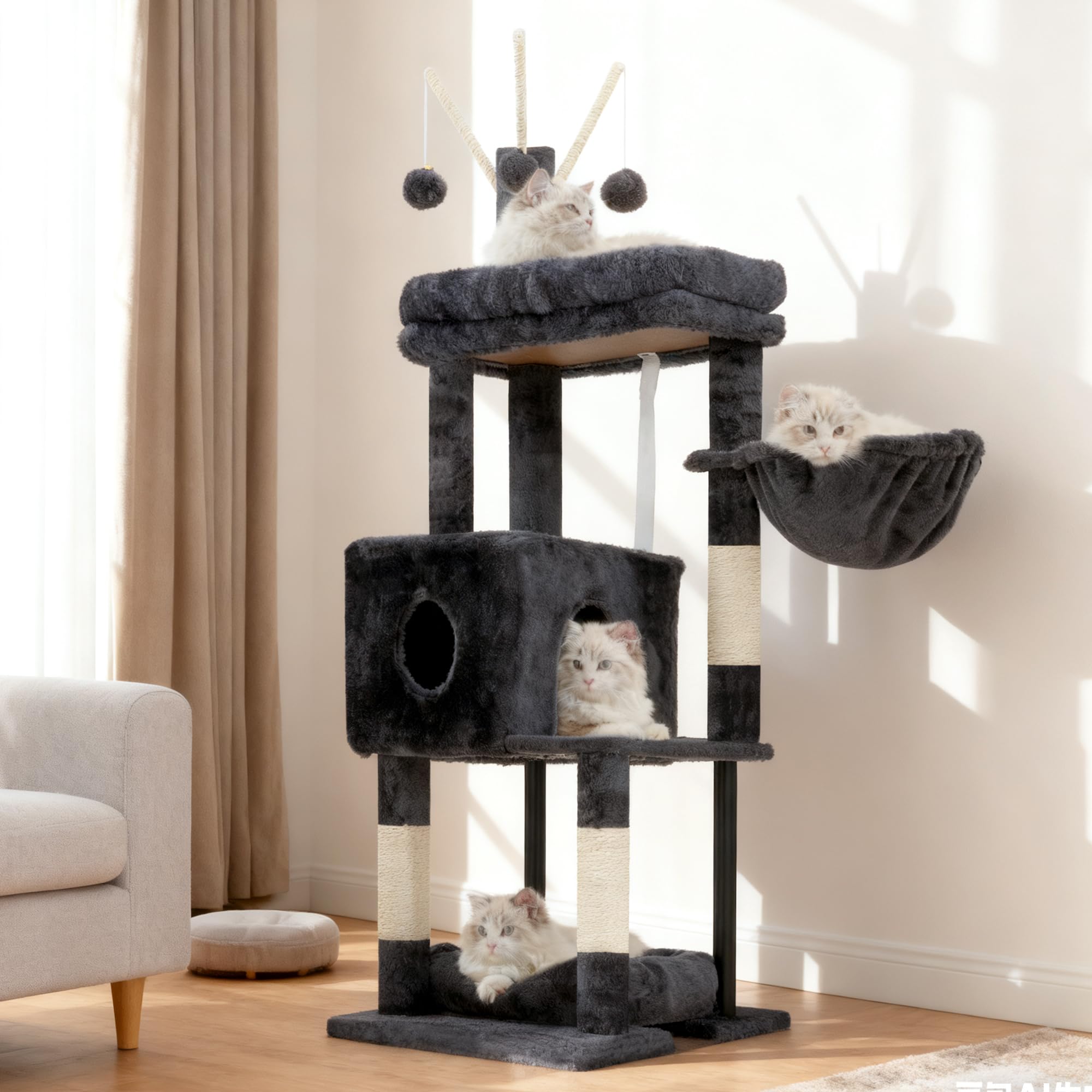 Heybly Tiragraffi per Gatti da Interno 115 cm, Albero per Gatti con Ampia Piattaforma, Cuccia Morbida, Nicchia Nascosta, Amaca, Torre con Tiragraffi e 3 Giochi Pendenti, Grigio Fumo HCT202SG