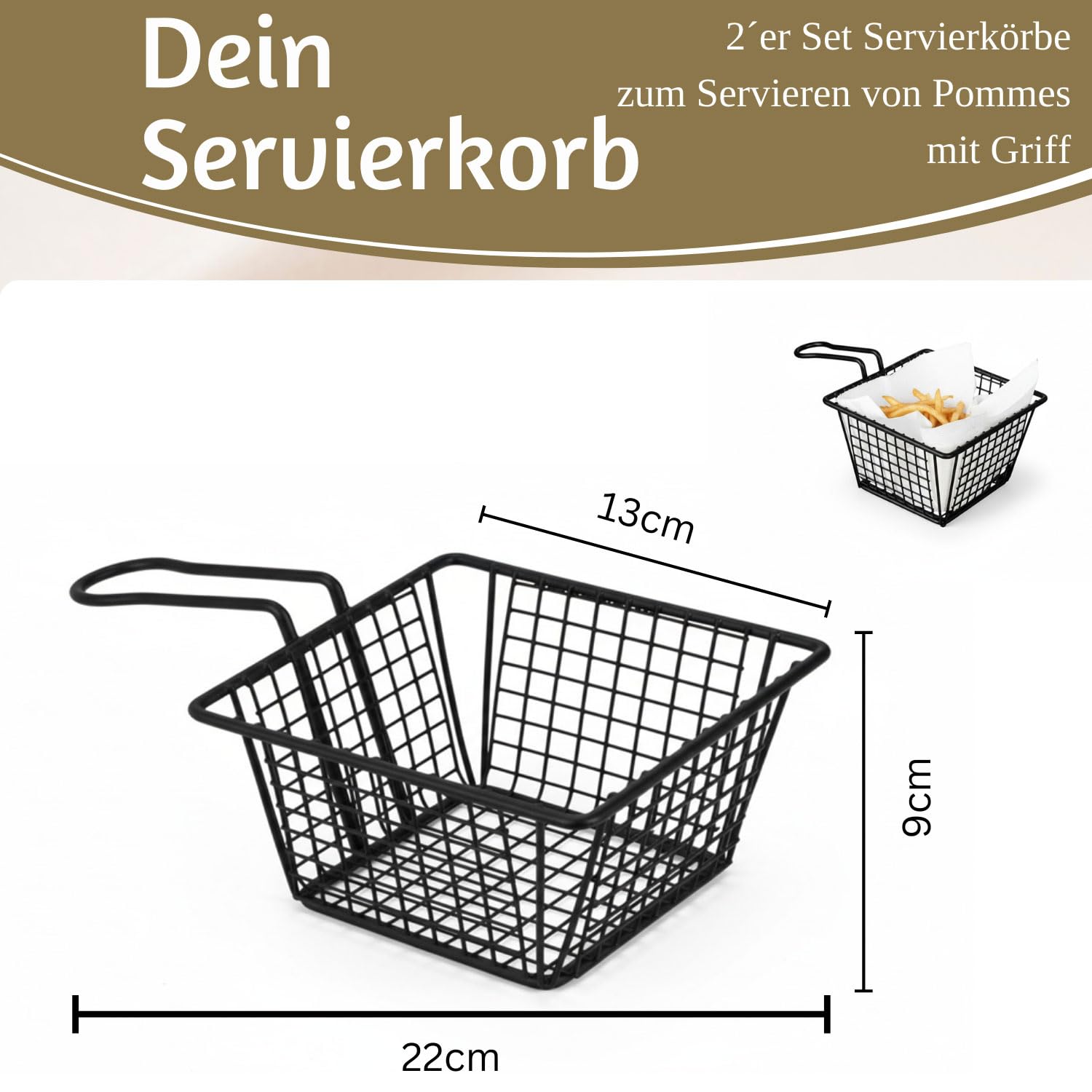 LS-LebenStil 2x Pommes-Korb Servierkorb Frittierkorb für Pommes mit Griff 2´er Set Schwarz 22x13x8cm Quadratisch dickes Servierkörbchen zum Servieren Präsentieren von Speisen Zwiebelringe Garnelen