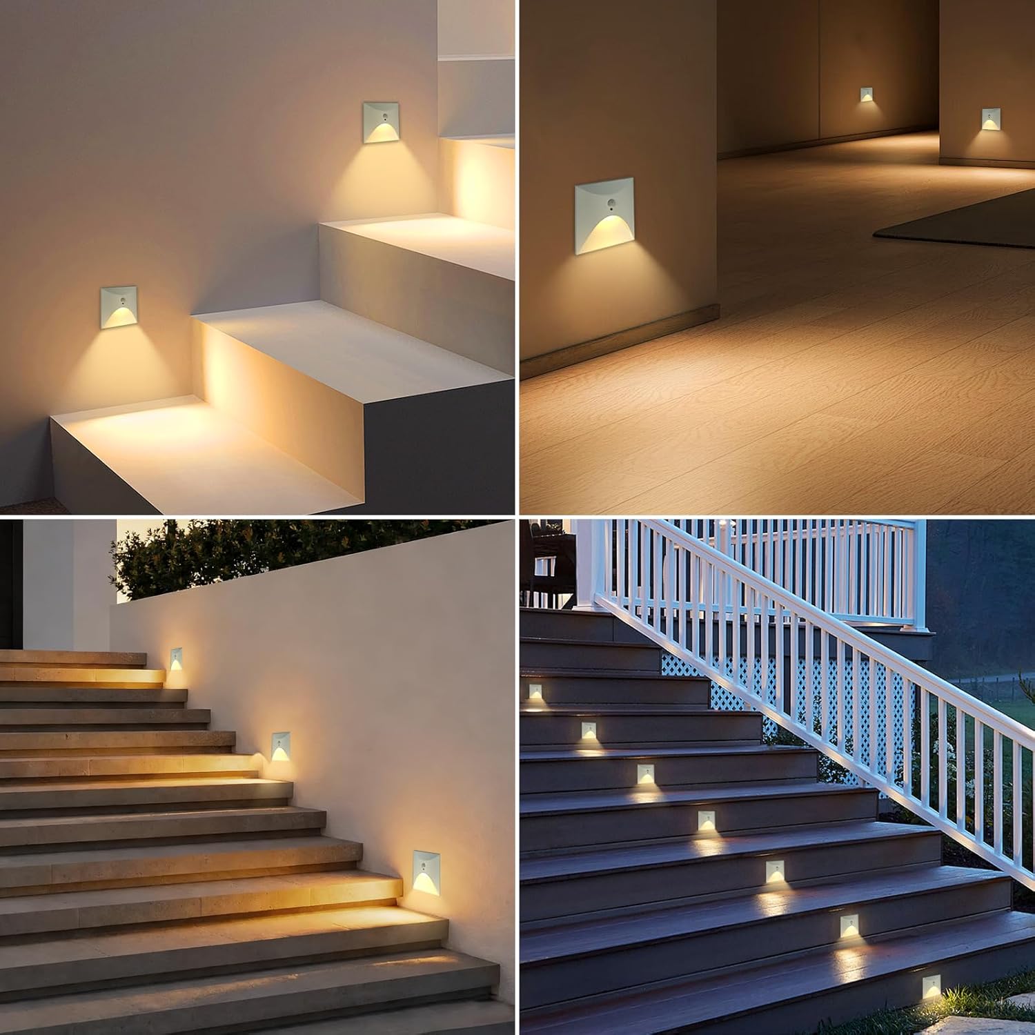 FVTLED 4 Pack Motion Sensor LED Step Lights, 3W AC 85-265V Stair Lights Indoor Outdoor, 3000K Warm White, Arc Design, IP44 Waterproof Staircase Lighting-White Shell
