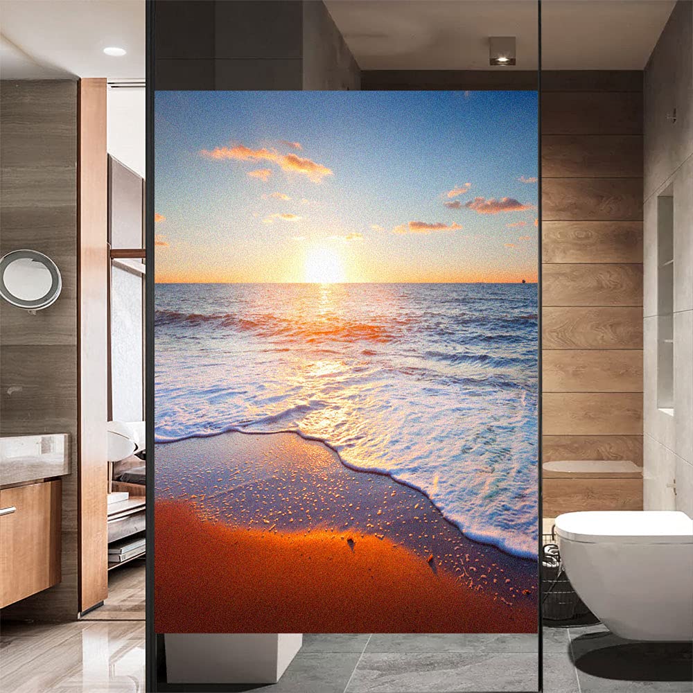 Window Film Privacy Frosted Beach Seascape Static Cling Window Stickers No Glue Window Clings UV Blocking Heat Control Window Coverings for Home/Office 34.64"x39.37"(88x100cm)