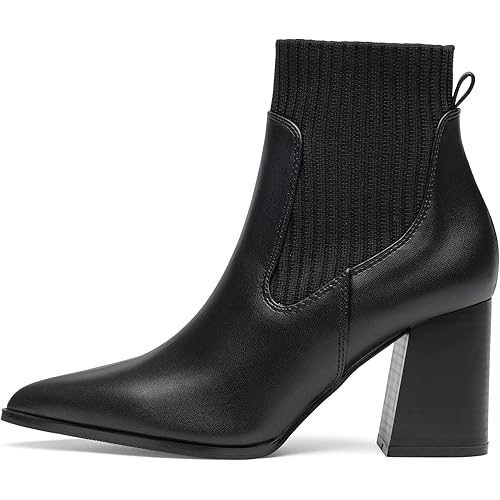 XDHILATO Womens Pointed Toe Ankle Booties Elastic Chunky Block High Heel Chelsea Boots