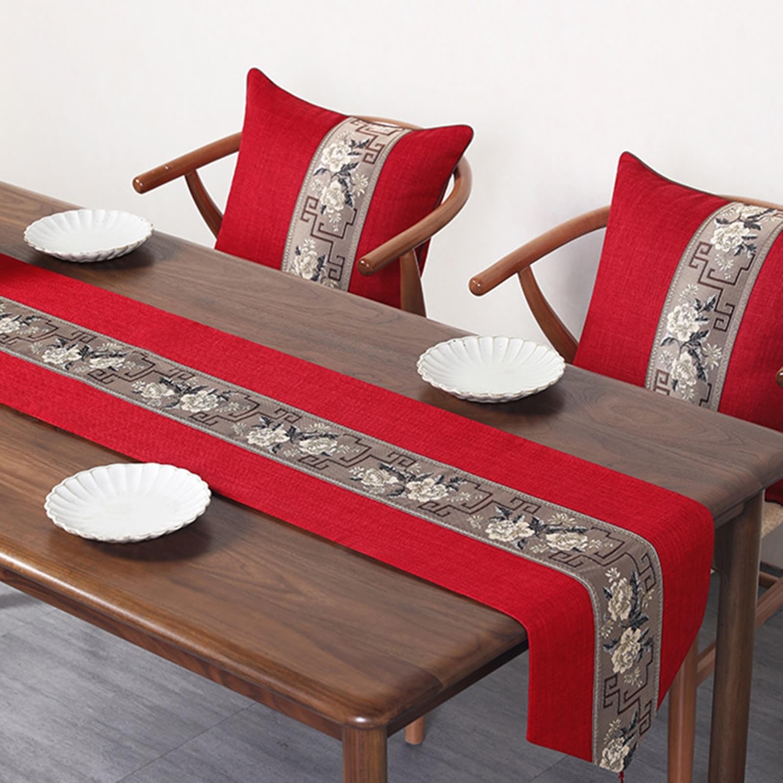 Bieżnik na stół 33 x 220 cm, bieżnik w stylu vintage, w środkowe paski, haftowane kwiaty z frędzlami, len, bieżnik, bieżnik do jadalni, na imprezę, dekoracja, czerwony kawowy