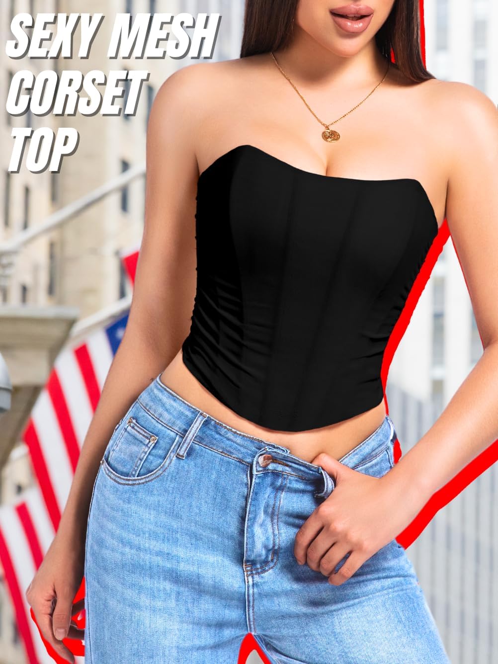Women's Adjustable Lace-Up Corset Top, Fit Sizes 00-14, Boned Ruched Mesh - Image 2