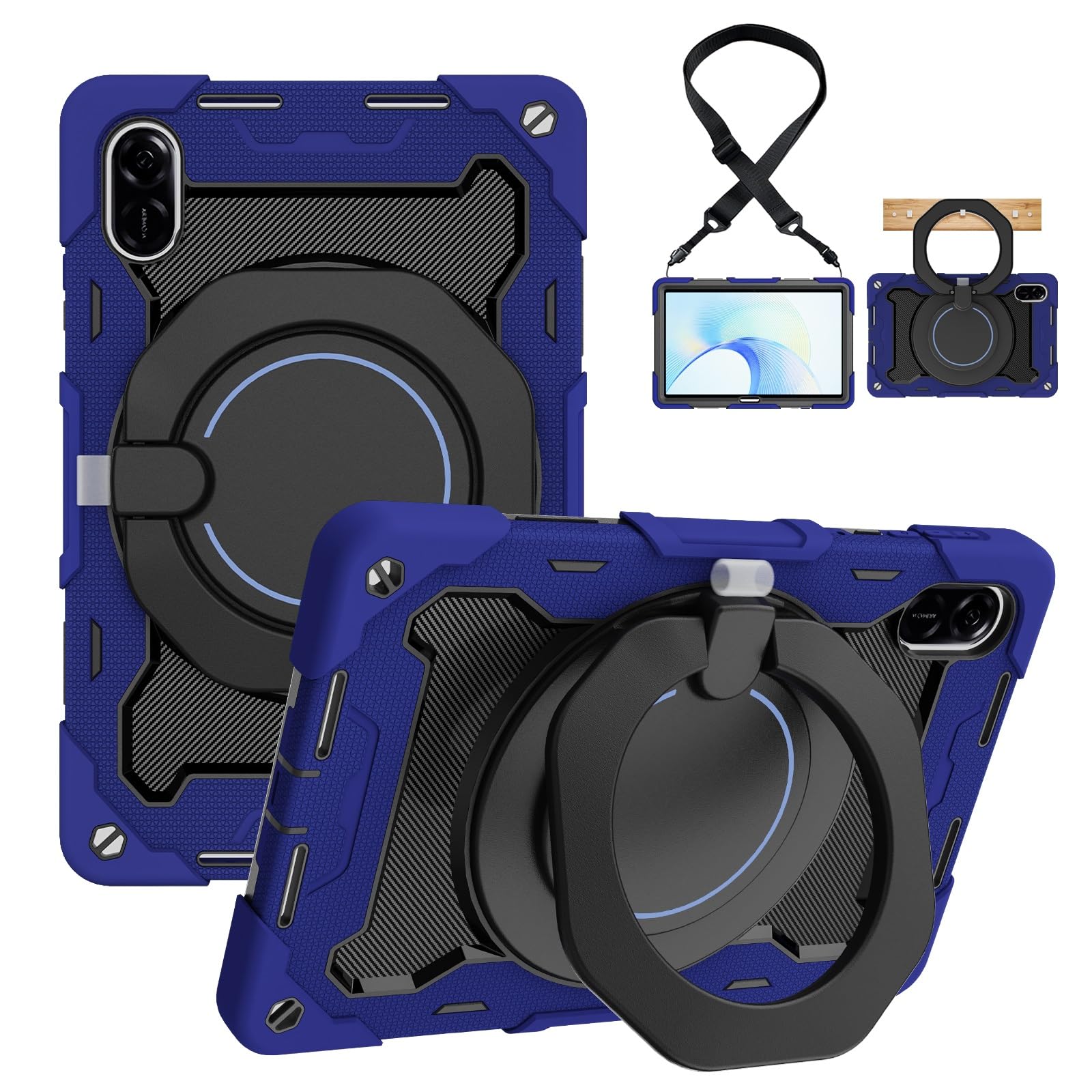 Wytrzymałe etui ochronne do Honor Pad X9/Pad X8 Pro 11.5(2023), obrotowa podstawka 360°, pasek na ramię, uchwyt ołówek i pierścień uchwytu, odporna wstrząsy obudowa dla dzieci dorosłych(Dark Blue)