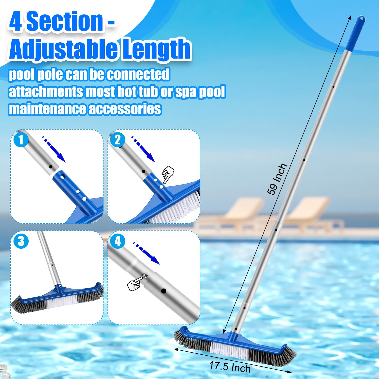 Tioncy 4-teiliges Poolbürsten-Set mit 119,4 cm langer Stange, verstellbarer 44,5 cm Pool-Bürstenkopf, Handscheuerbürste und Scheuerschwamm-Pads mit Aluminiumstange für Spa, Whirlpool, Badezimmer