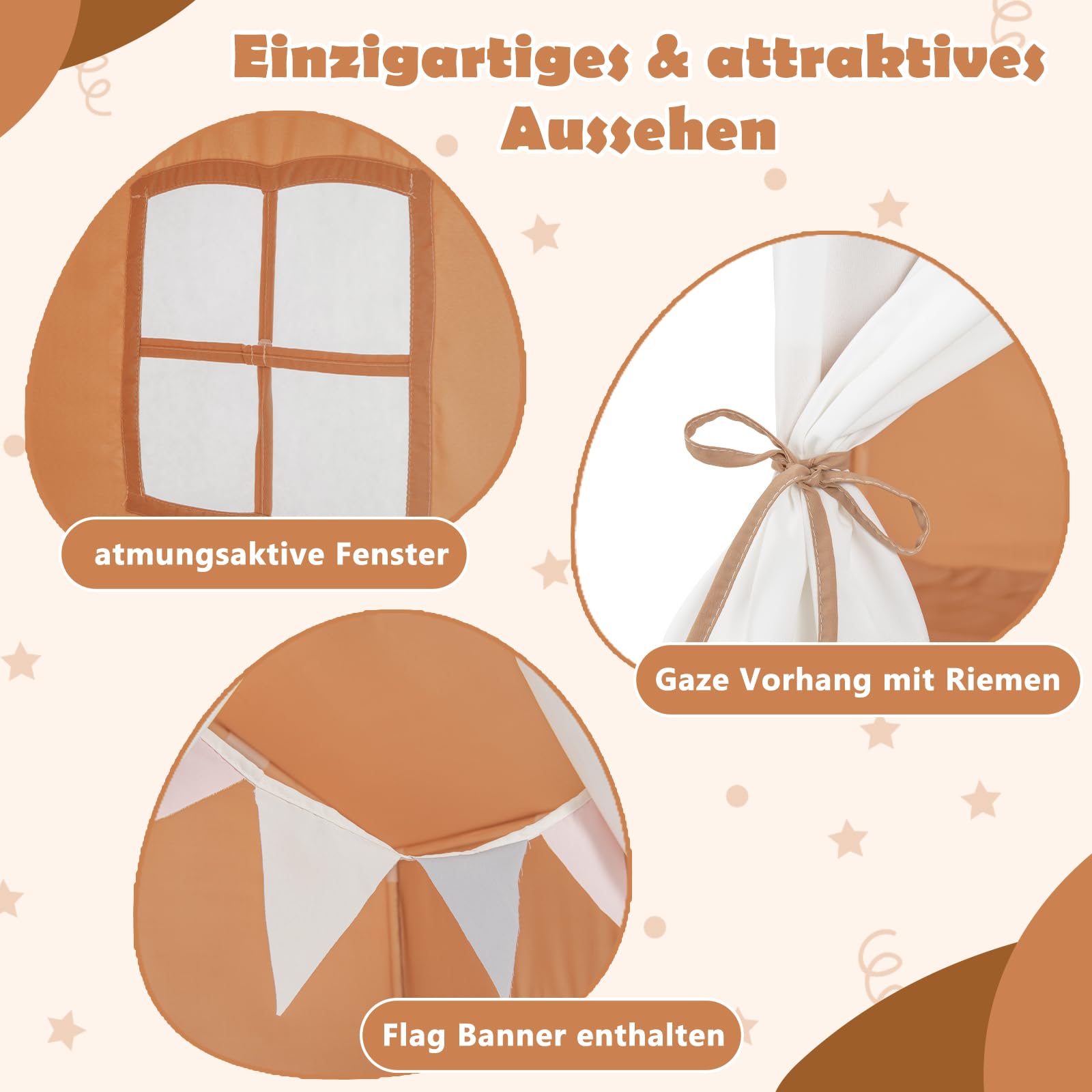 COSTWAY Kinderzelt mit Fenster & Matte & Holzrahmen, Kinder Spielhaus mit Vorhang & bunten Flaggen, Prinzessin Spielzelt für drinnen & draußen, Kinderspielhaus Kinderspielzelt für Jungen und Märchen