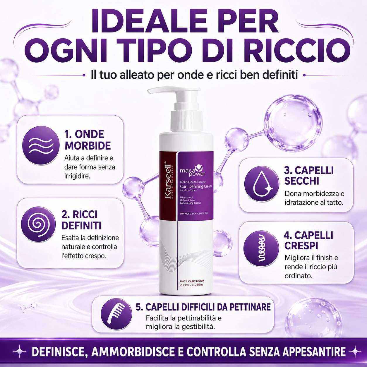 Karseell MACA CARE SYSTEM Crema Definizione Ricci Ravviva Boccoli Trattamento Idratante Riparatore Capelli Mossi Anticrespo Nutrizione Profonda Cheratina Olio Argan Oliva Mandorle Professionale 200ml