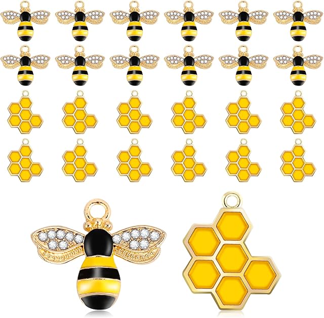 Prasacco 24 Pieces Bee Charms Alloy Enamel Honeycomb Charms Rhinestone Bee Pendants for Jewelry Making Earrings Keychains Making Supplies (12 Bee + 12 Honeycomb)
