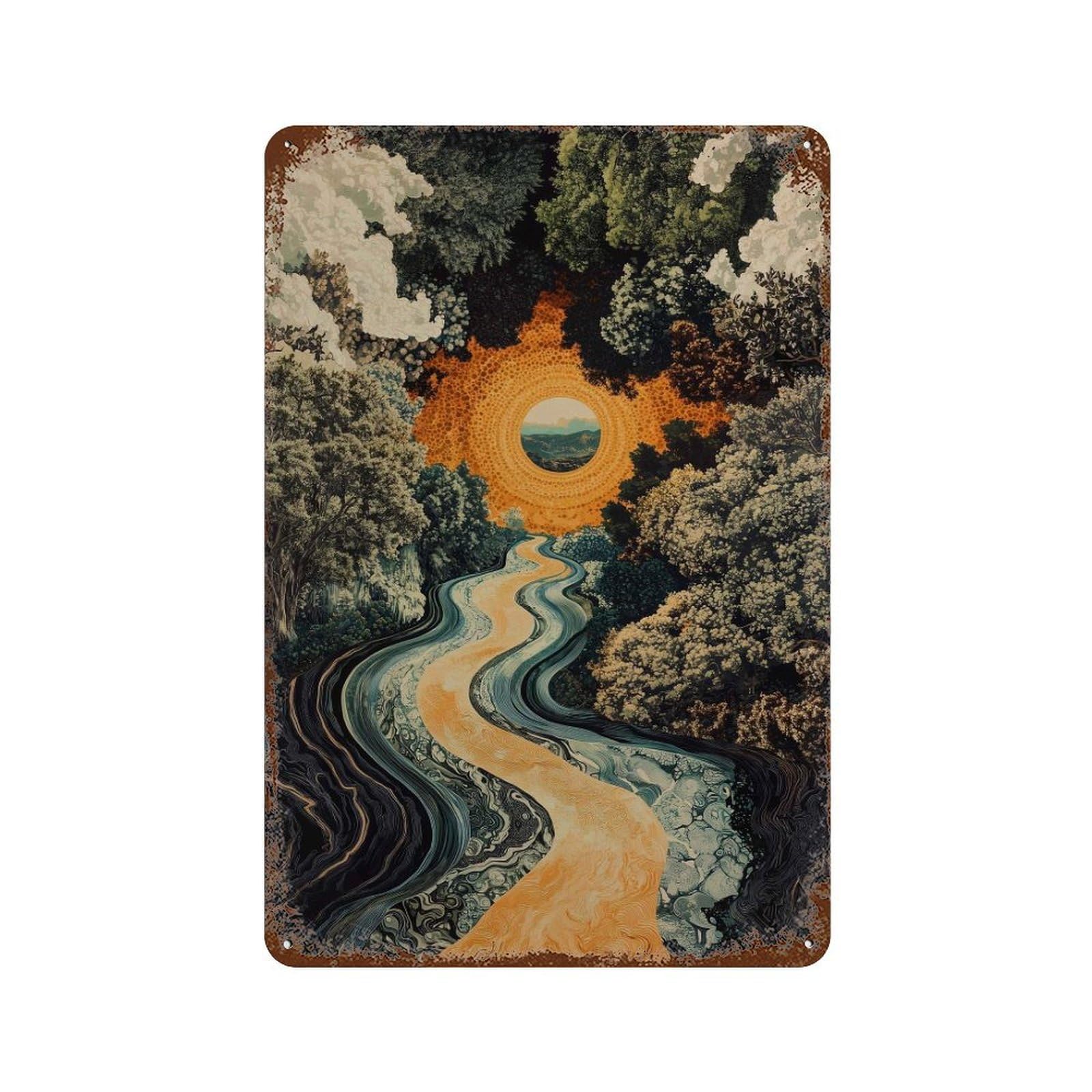 xiaoxiaoshen Golden River Sunset Surreal Landscape Dreamy Nature Scene with Trees And Wall Decor Art Metal Tin Poster Modern Home Decor Art Home Bar Shop Decorations Vintage Sign 30x20cm
