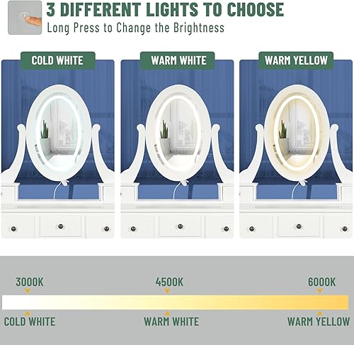 Miniatura 6 de ALAPUR Escritorio de tocador con espejo y luces, espejo redondo giratorio ajustable de 360 con 5 cajones, juego de tocador moderno para