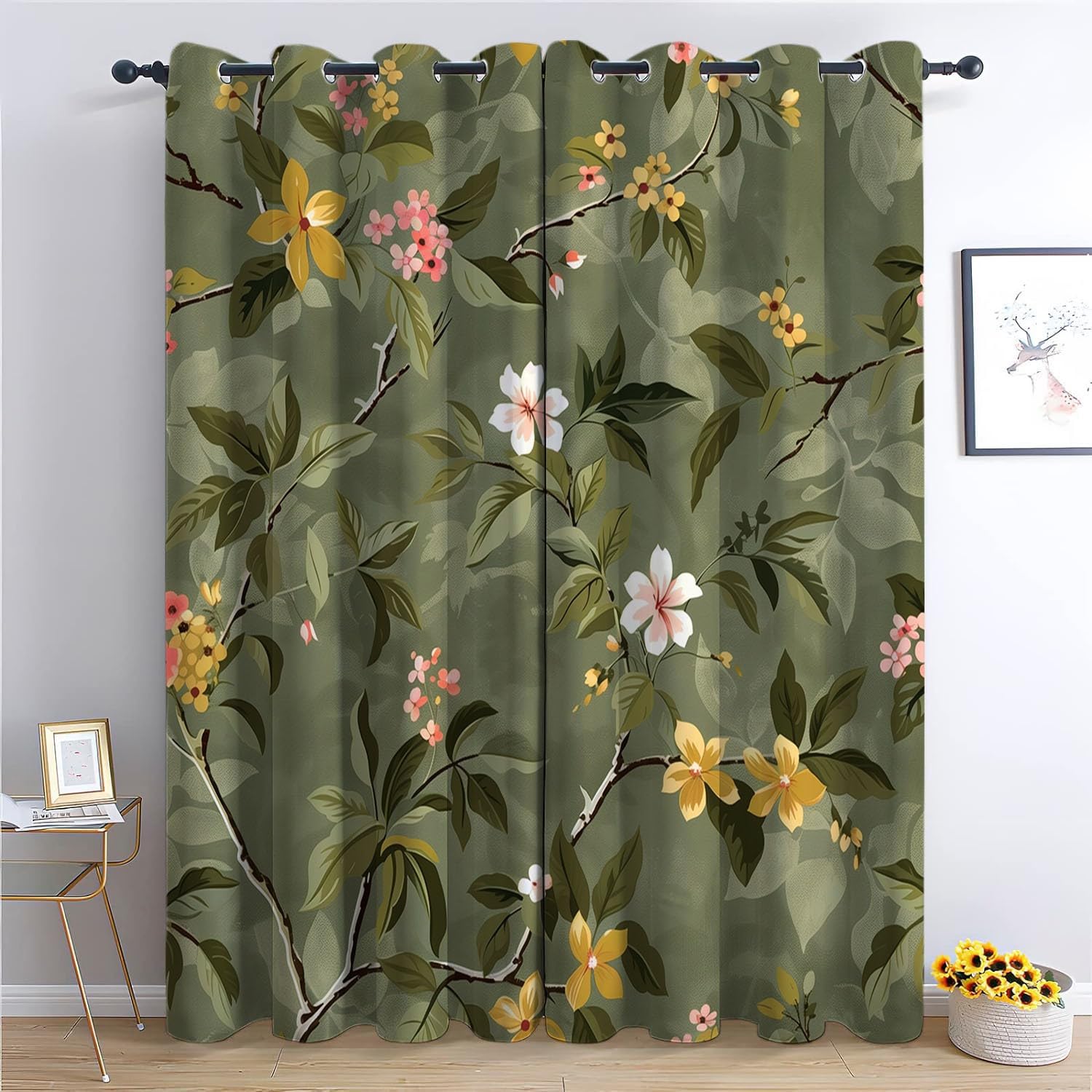 Rideaux occultants verts à motif feuilles de L140 x H175 cm pour habiller le salon