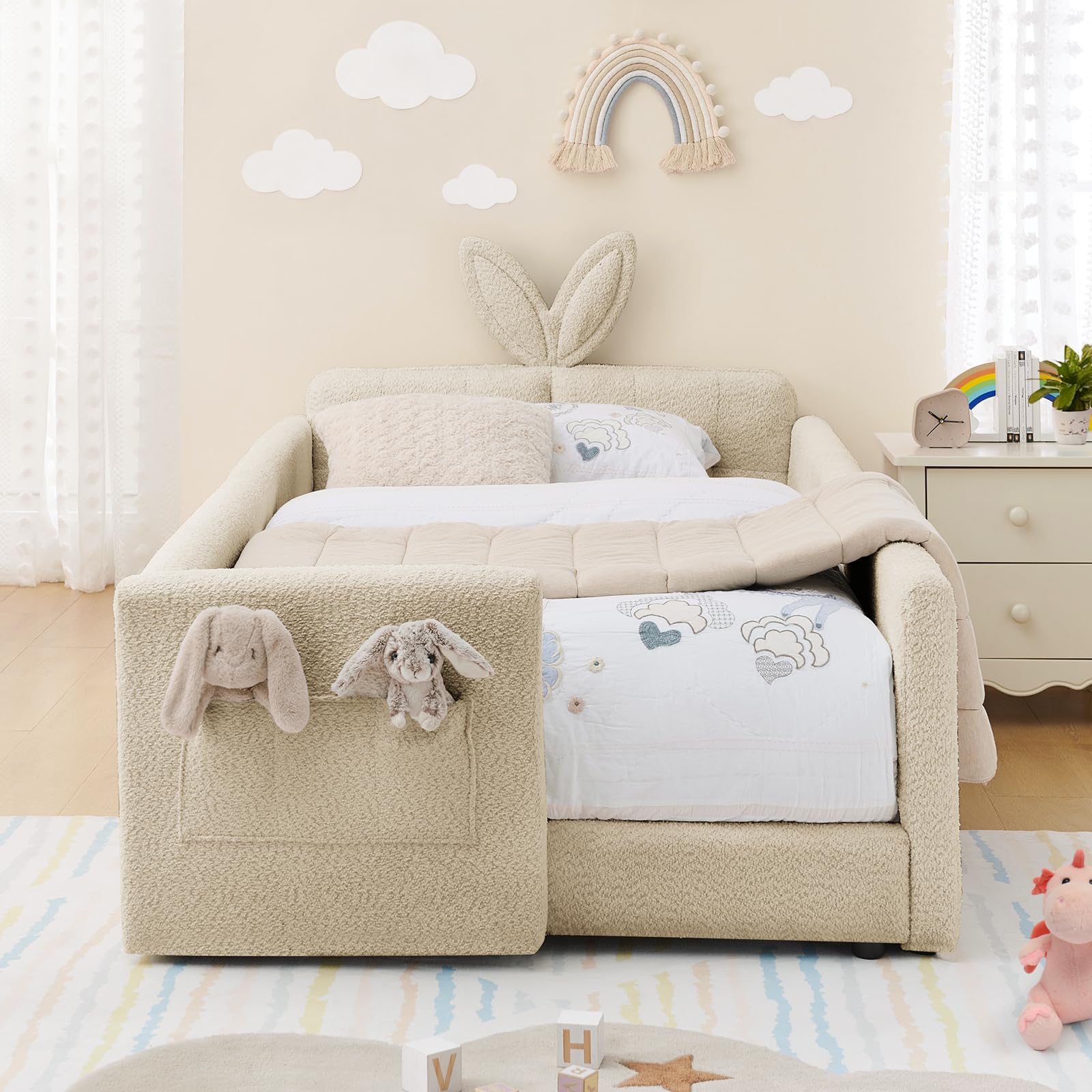 Twin Size Kids Bed with Rabbit Ear Headboard, Upholstered Boucle Fabric Twin Daybed with Slats Support &amp; Side Pockets, Space-Saving Wooden Corner Sofa Couch Bed Frame for Girls, Boys, Teenager(Camel)