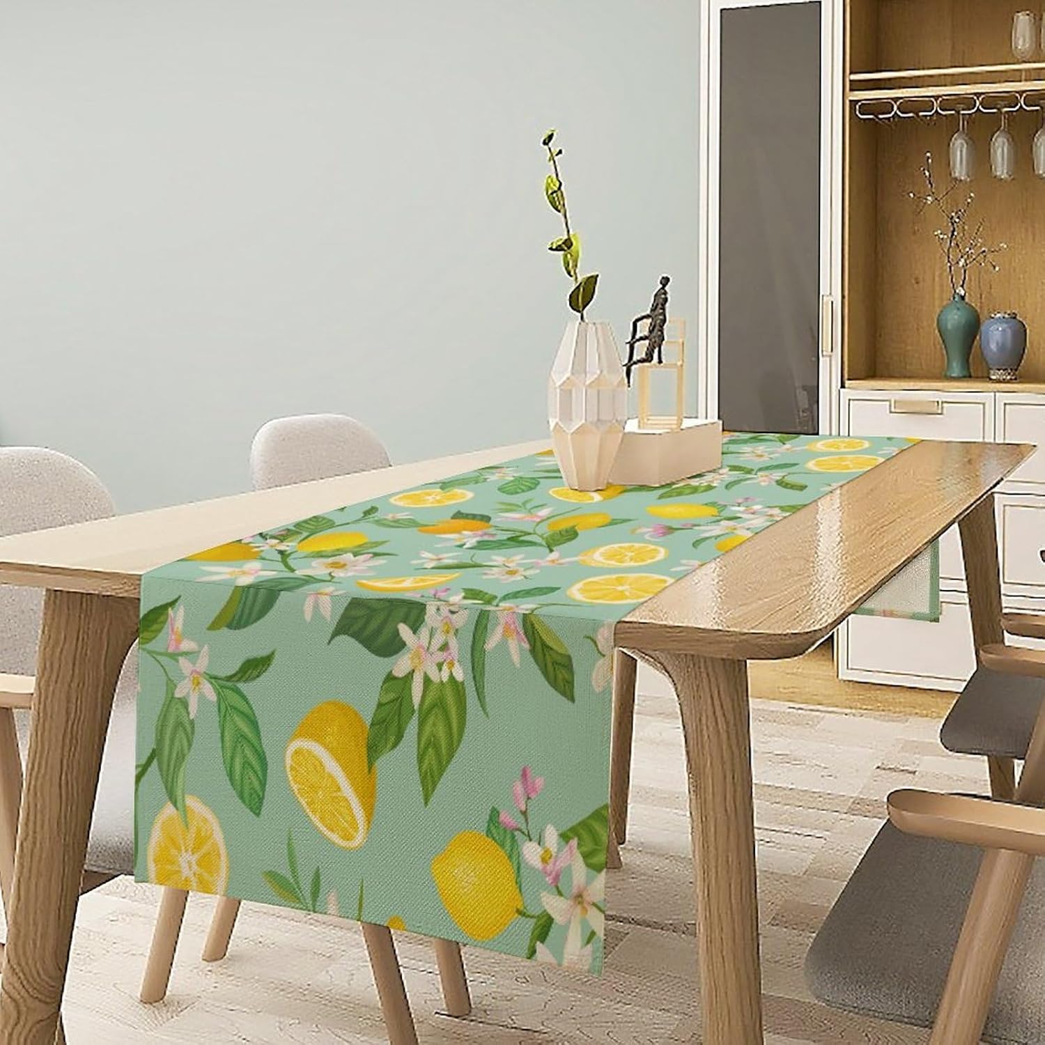 Bohemian Fruit Table Runner, Modern Cyan Green Watercolor Hand Drawn Lemon Plants Floral Leaves Seamless Pattern Table Decoration for Party Living Room Kitchen Dining Coffee Table 13x108in x1 Panel