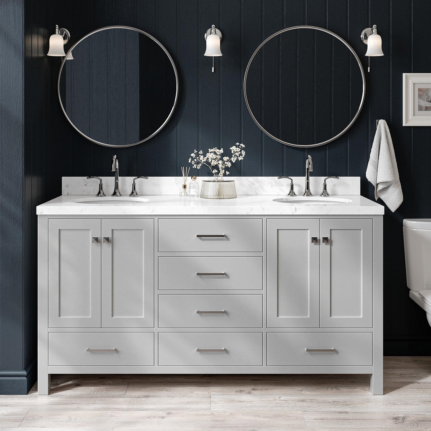 ARIEL Cambridge 66" Grey Double Vanity, 1.5" Edge Carrara White Quartz Countertop & Splash, Oval Sinks, 4 Soft Closing Doors, 6 Full Extension