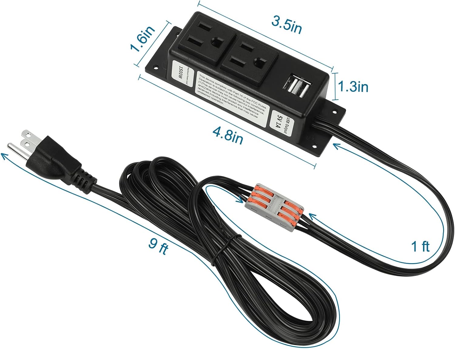 Litever Gun Safe Power Outlet Strip with 2 USB Ports. 10 FT Flat AC Cable with Removable 3-Prong Plugs. Outlet Accessory for Gun Safe, Cabinets, Closet, Drawer. Black. Certified - Image 2