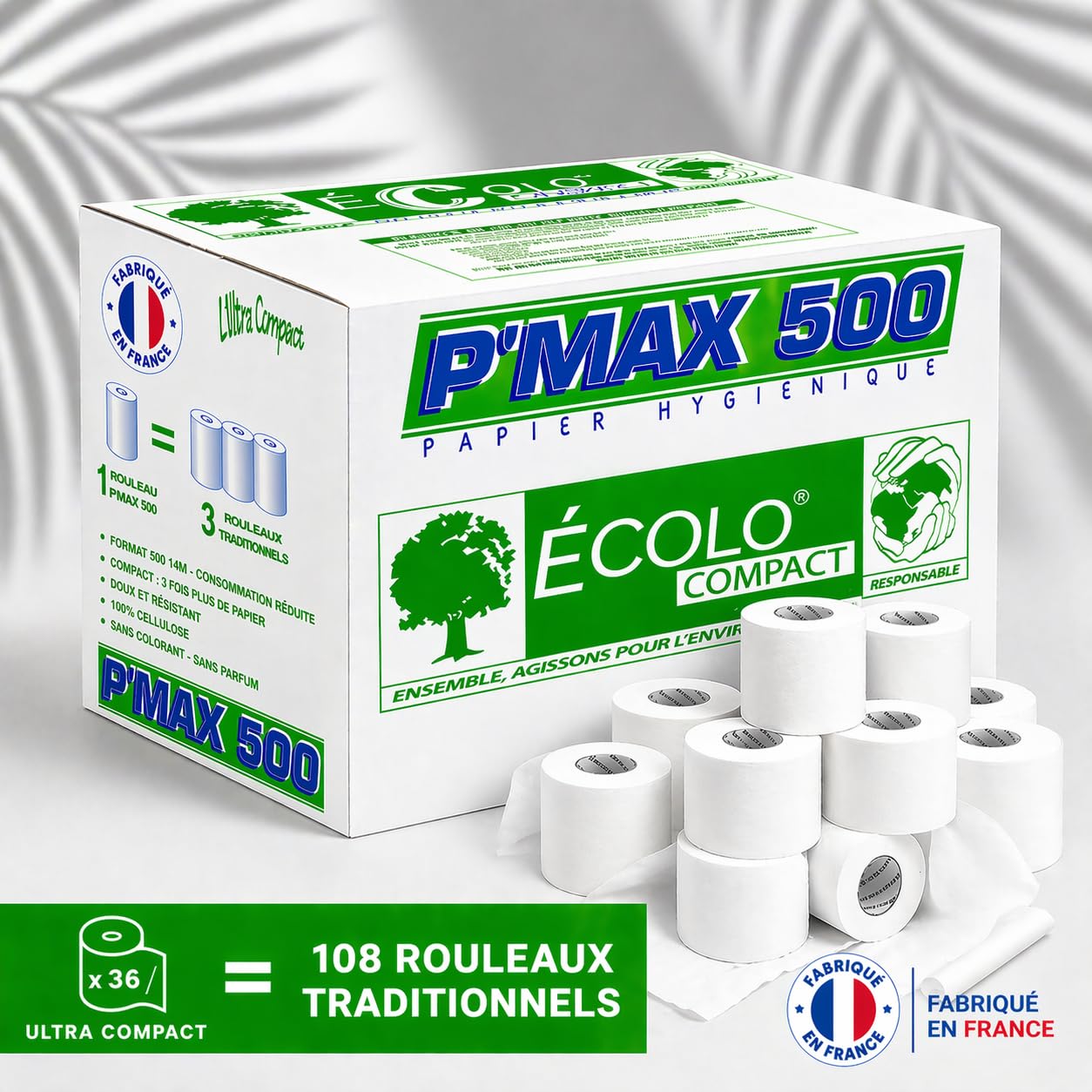 36 Rouleaux = 108 Rouleaux Traditionnels Papier Toilette, P'Max 500, 100% Ouate de Cellulose Blanche, Ultra Compact, 2 Plis, 500 Feuilles,