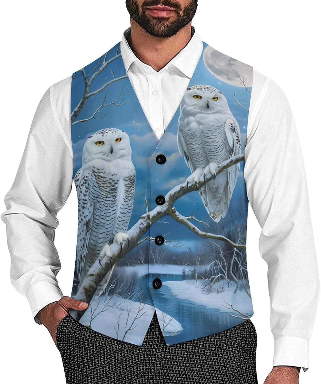 Snowy Wolf Full Moon Novelty Men's Suit Vest Casual Formal Dress Vests Business Waistcoat