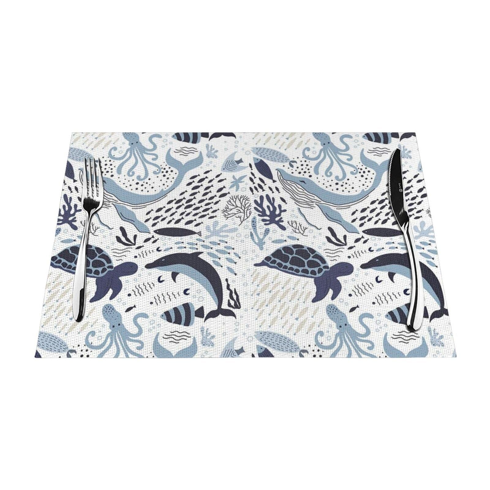 PVC Placemat Set of 4 PCS, 45x30 CM, Turtle Octopus Pattern Printed Non-Slip Heat Resistant Place Mats for Kitchen Dining Table Indoor Outdoor