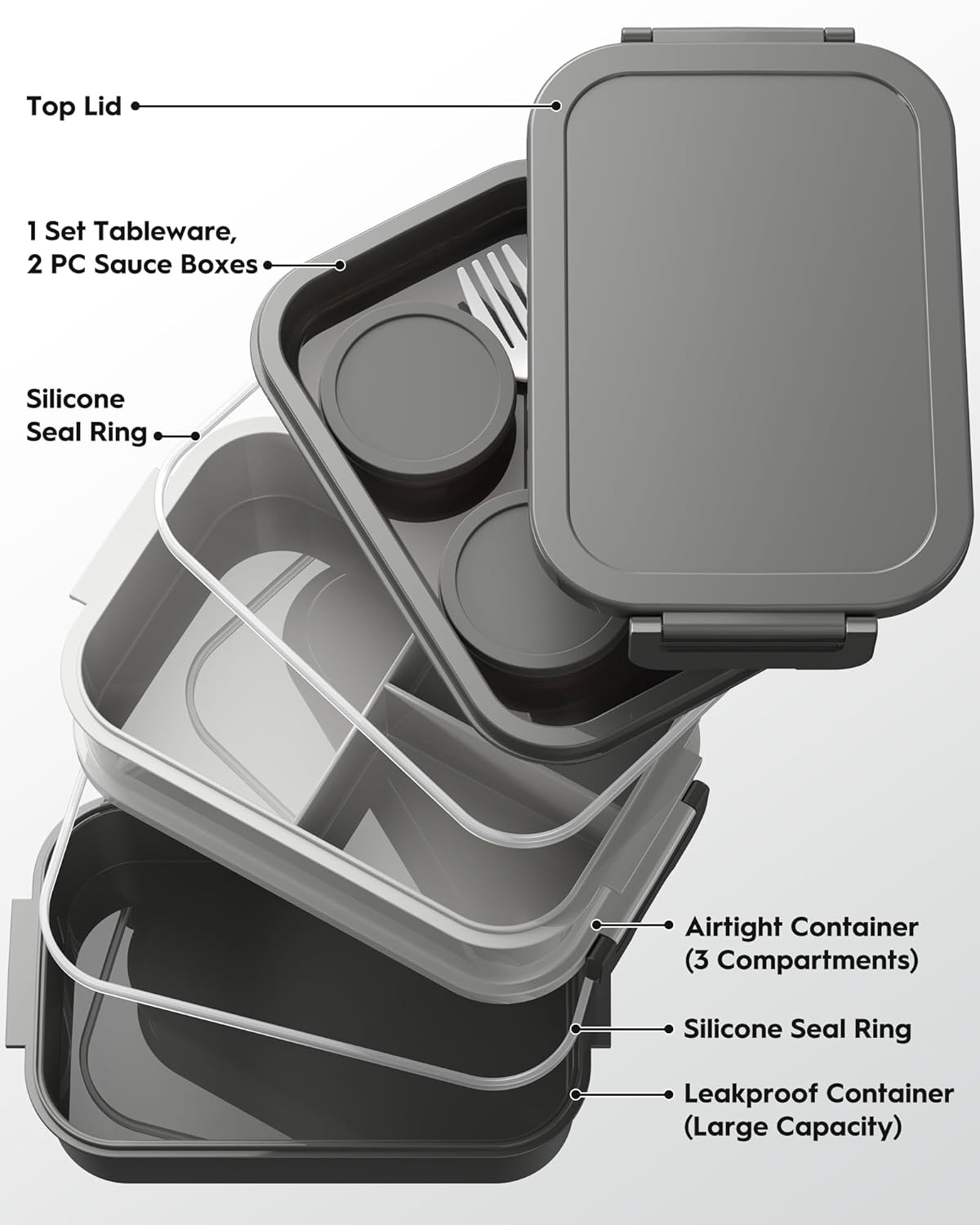 Adults Bento Box with Insulated Lunch Bag, 74oz Capacity 3 Stackable Leak-Proof Bento Box Built-In Utensil and Sauce, PFAS & BPA-Free, Microwave & Dishwasher Safe (Dusk Gray) - Image 2