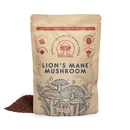 Euphoria Café arábica con melena de león orgánica  Mejora el enfoque mental y la salud digestiva  Café orgánico molido  Vegano, sin OMG  9 oz (250g)