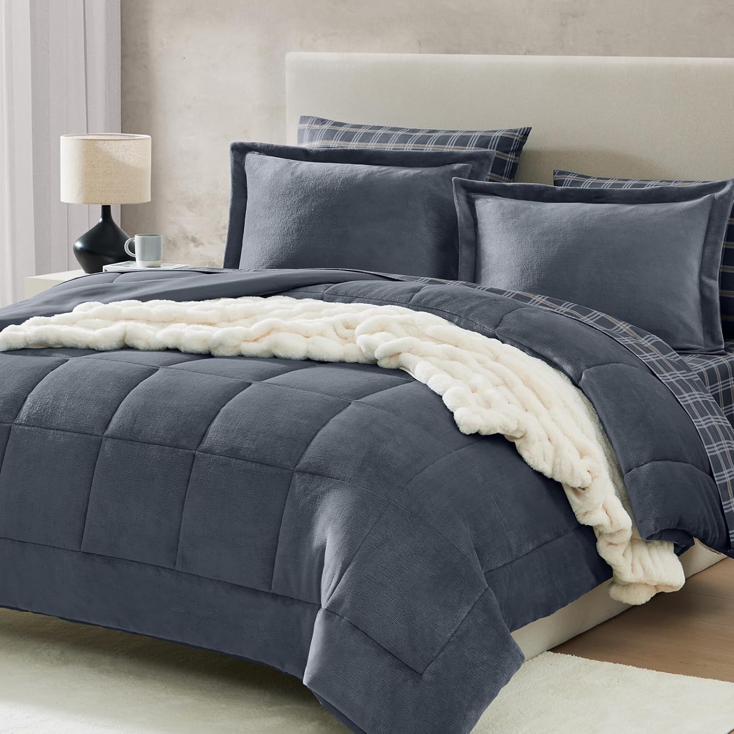 King Size Comforter Set Bed in a Bag, Plush Blue Grey Flannel Velvet Comforter Sets 7 Pieces, Soft Warm Bedding Set with Comforter, Fitted&Flat Sheets, Pillowcases&Shams