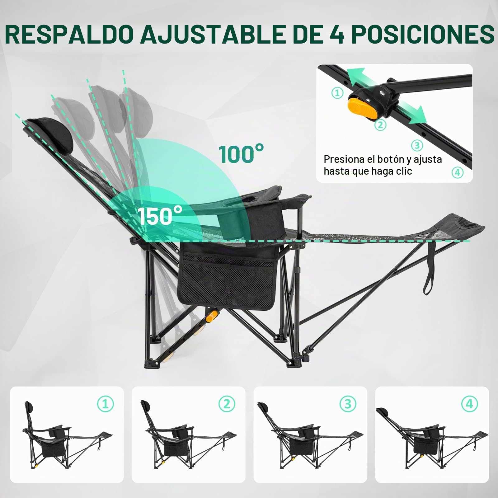 OVERMONT Silla de Camping Plegable - 2 en 1 con Reposapiés, Respaldo Ajustable 4 Posiciones - Silla Reclinable hasta 136 kg, con Reposacabezas y Bolsa - para Camping, Playa, Jardín y Pesca