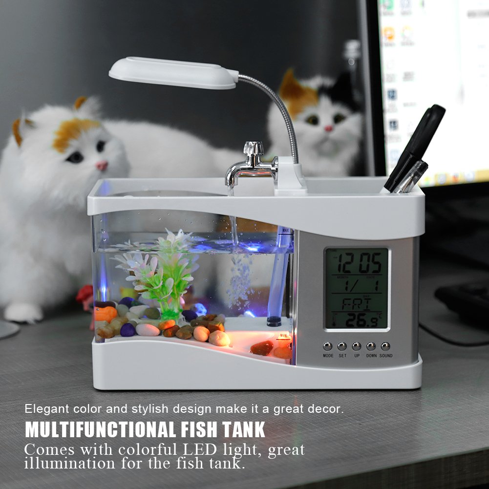 Mini akwarium, plastikowe bezpieczne akwarium, wielofunkcyjne z funkcją zegara, światło LED do sypialni do dekoracji (białe)