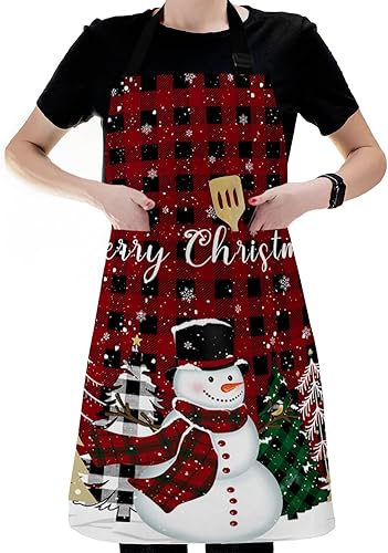 Delantal de chef ajustable, delantal de Navidad a cuadros rojos con bolsillos para hombres y mujeres, delantal impermeable de cocina