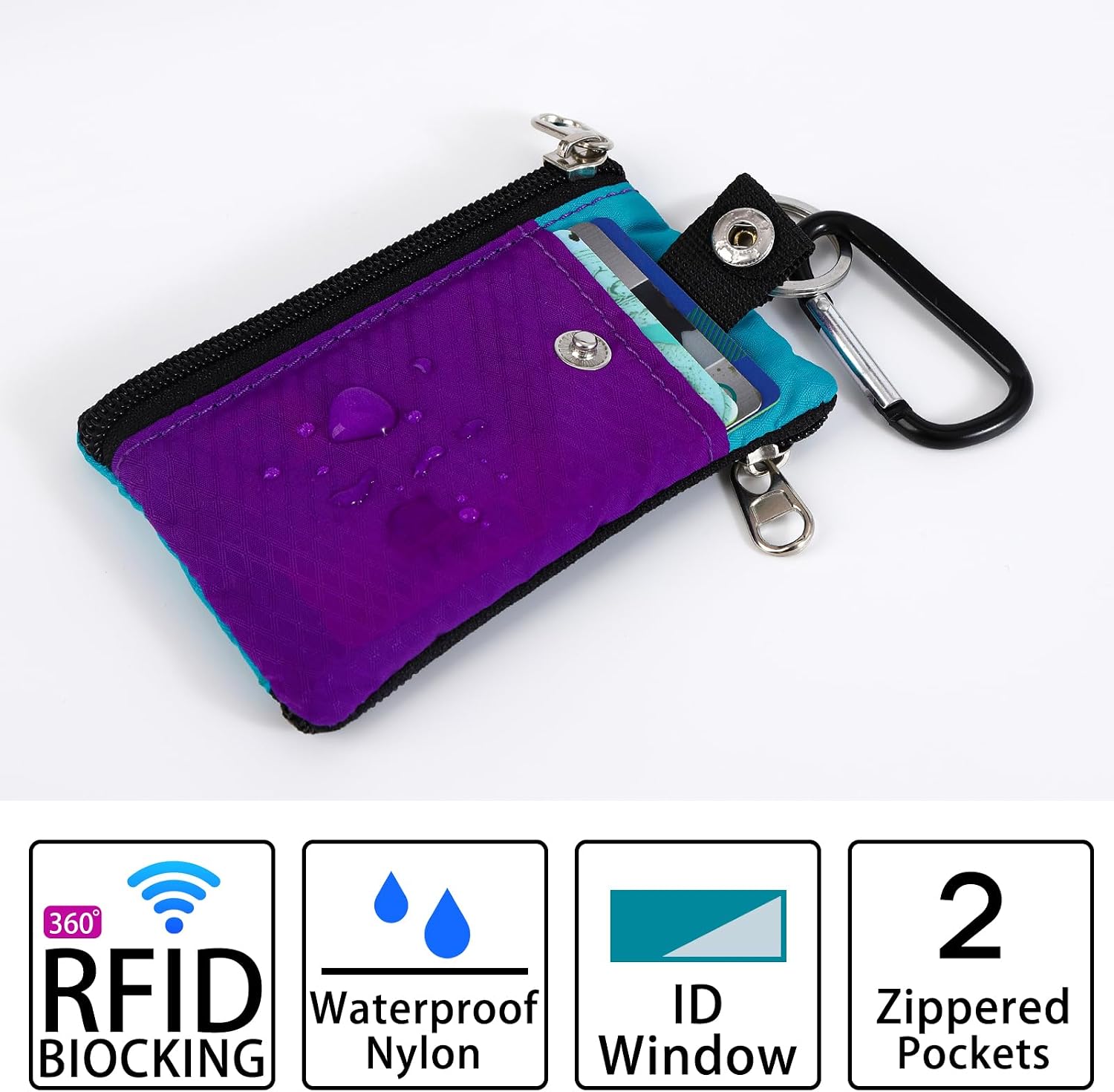 MASAPHlL Small Lanyard Wallet for Women/Men with RFID Blocking ID Pouch, Minimalist Travel Neck Wallet with Keychain, ID Window for Card,Coin,Cash (Violet+Turquoise)