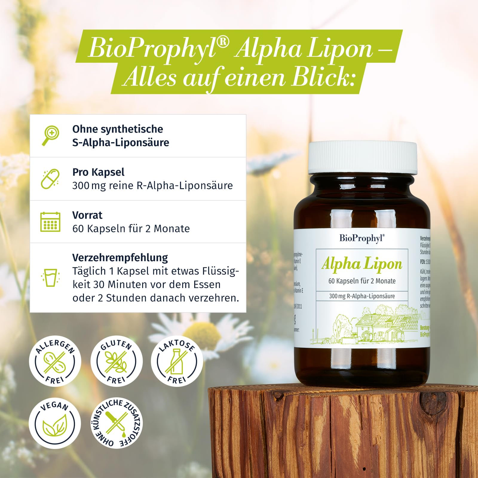 Alpha Lipon - 300 mg rein natürliche - (R)-Alpha Liponsäure - ohne synthetische (S)-Alpha Liponsäure - mit Vitamin E und Niacin - 60 pflanzliche Kapseln