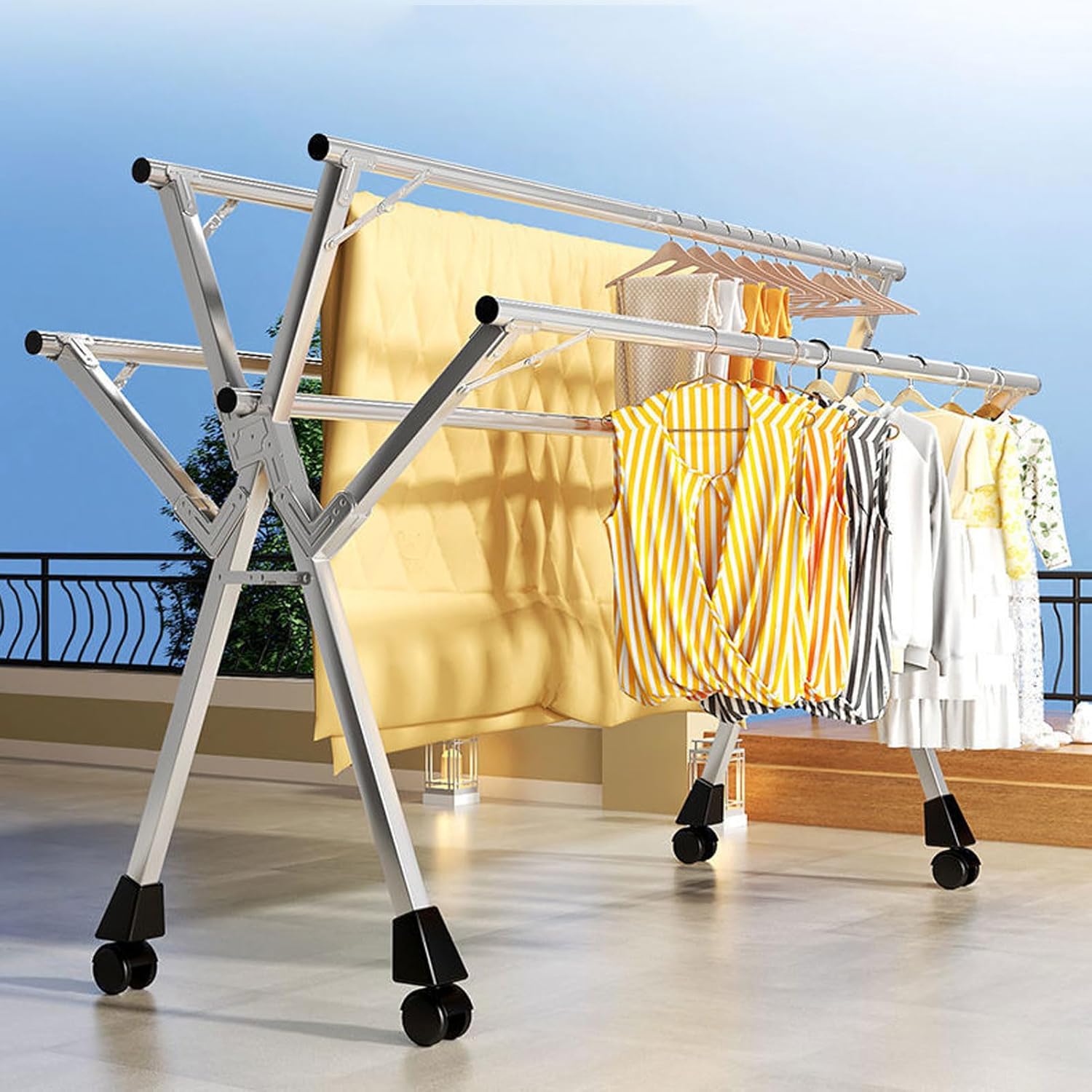 Floor-Standing Solid Wood Rotating Coat Rack，Stylish Modern Vanity Desk Set with Lighted Mirror, Makeup Dressing Table for Bedroom, Cushioned Stool, 2 Large Drawers, Black Tempered Glass Top