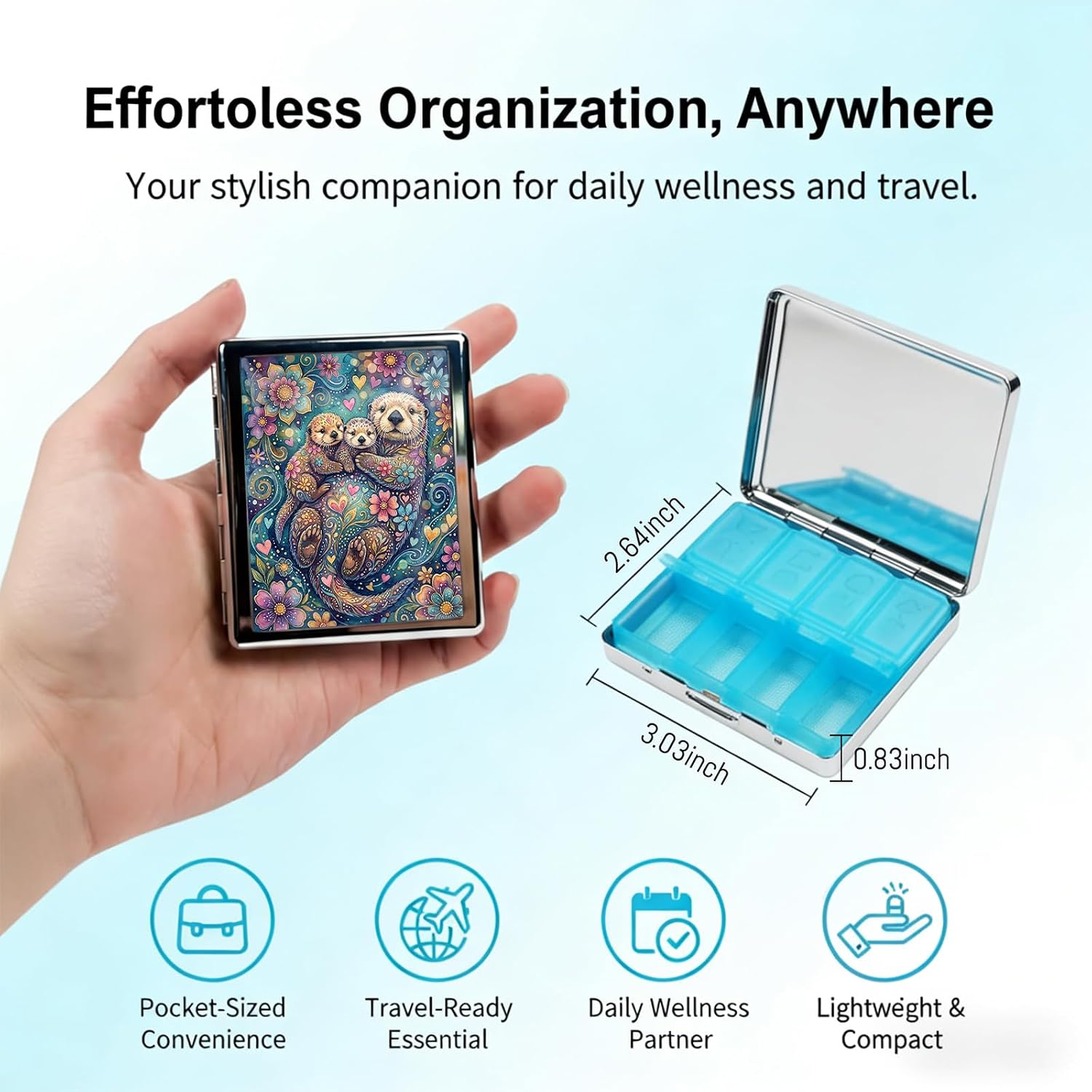 Weekly Pill Organizer, Metal Pill Box with 8 Compartments, Small Travel Pill Case for Purse Pocket, Medicine Vitamin Supplement Organizer (Otter Family) image 3