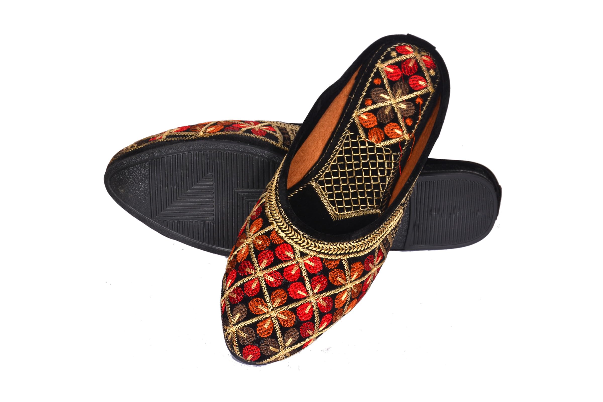Traditional Embroidered Jutti Flats for Women, Black with Red Floral Pattern, Gold Thread Work-image-39