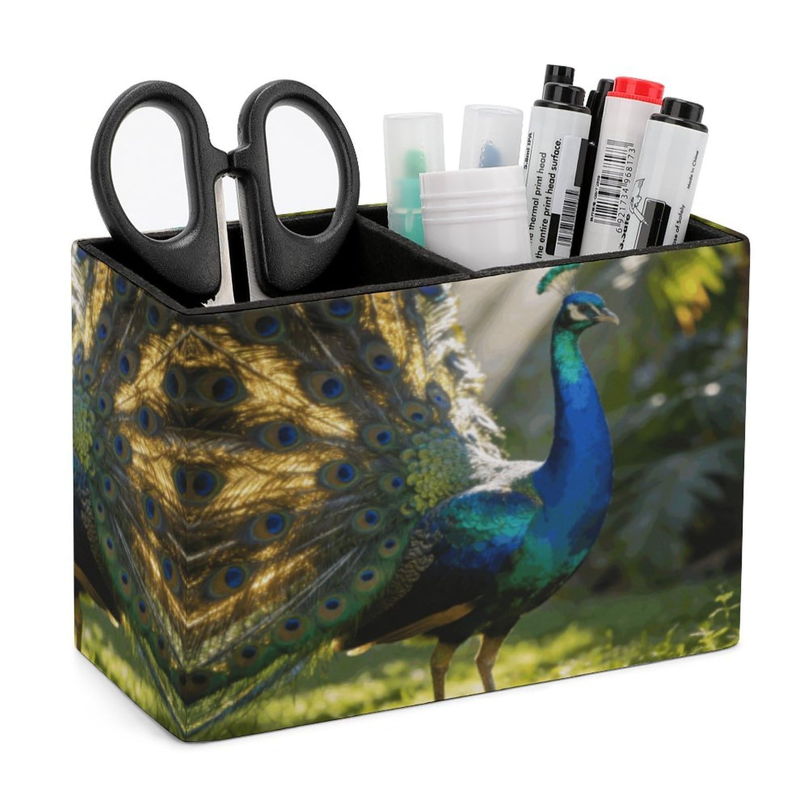 LZQPOEAS Exquisite Patterns PU Leather Pen Holder, Multifunctional Desktop Organizer Caddy with 2 Compartments, Peacock Pencil Cup Makeup Brush Holder for Office Home
