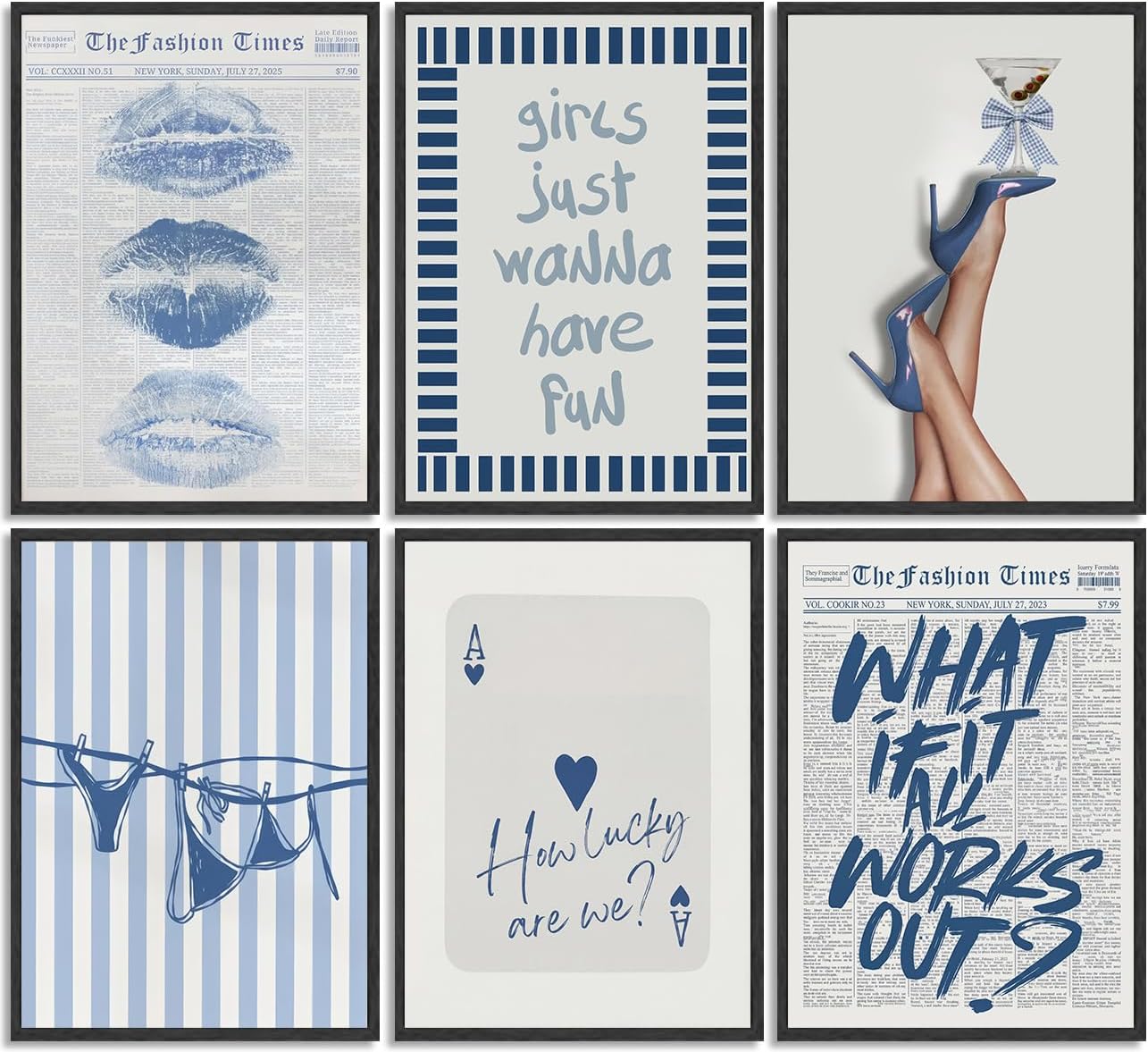 6Pcs Trendy blue Wall Art Vintage Newspaper Posters How Lucky Are We and Just a Girl Pictures Coastal Bikini Hot Girl Lips Wall Decor Prints Preppy Y2K Aesthetic Painting for Girly Room Dorm 12x16in