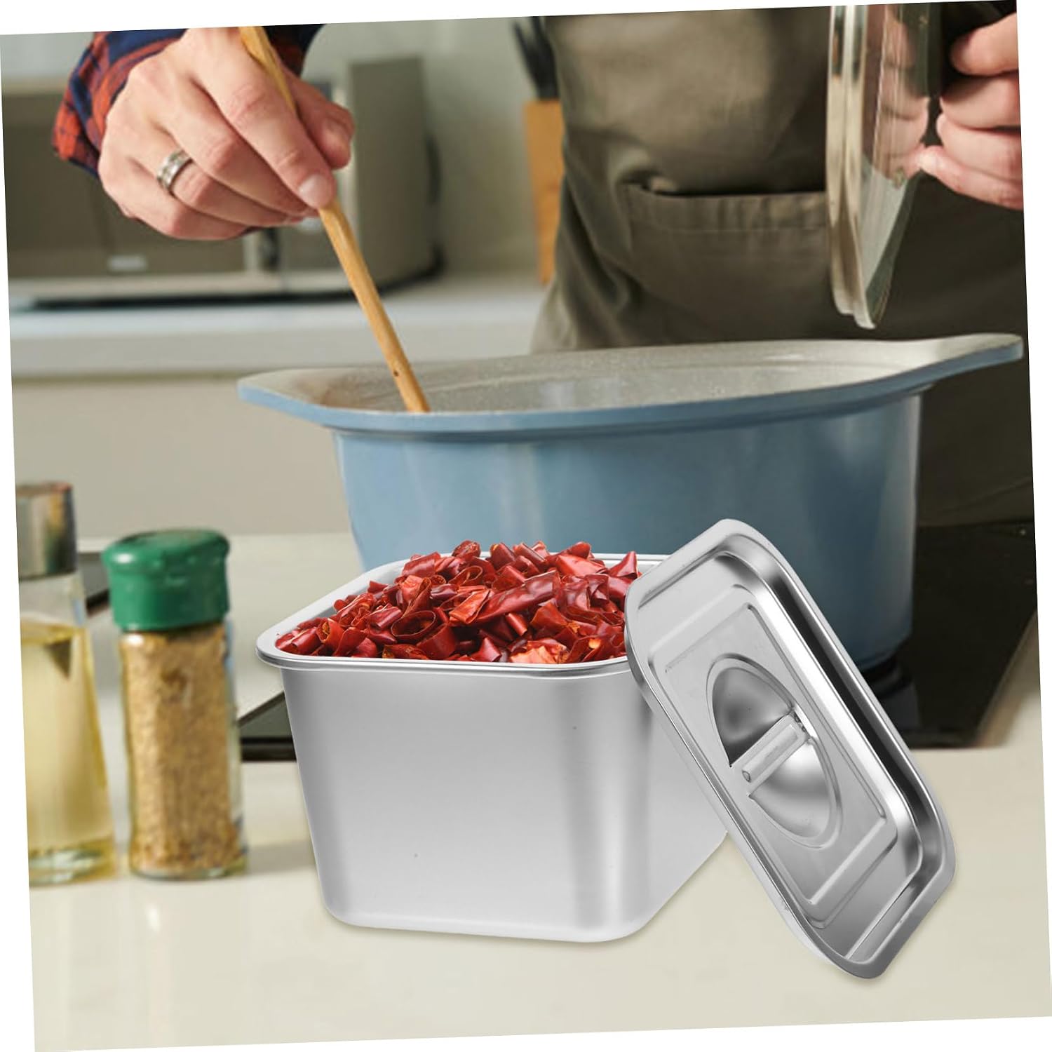 Condiment Pot Kitchen Seasoning Jar with Lid, Stainless Steel Large