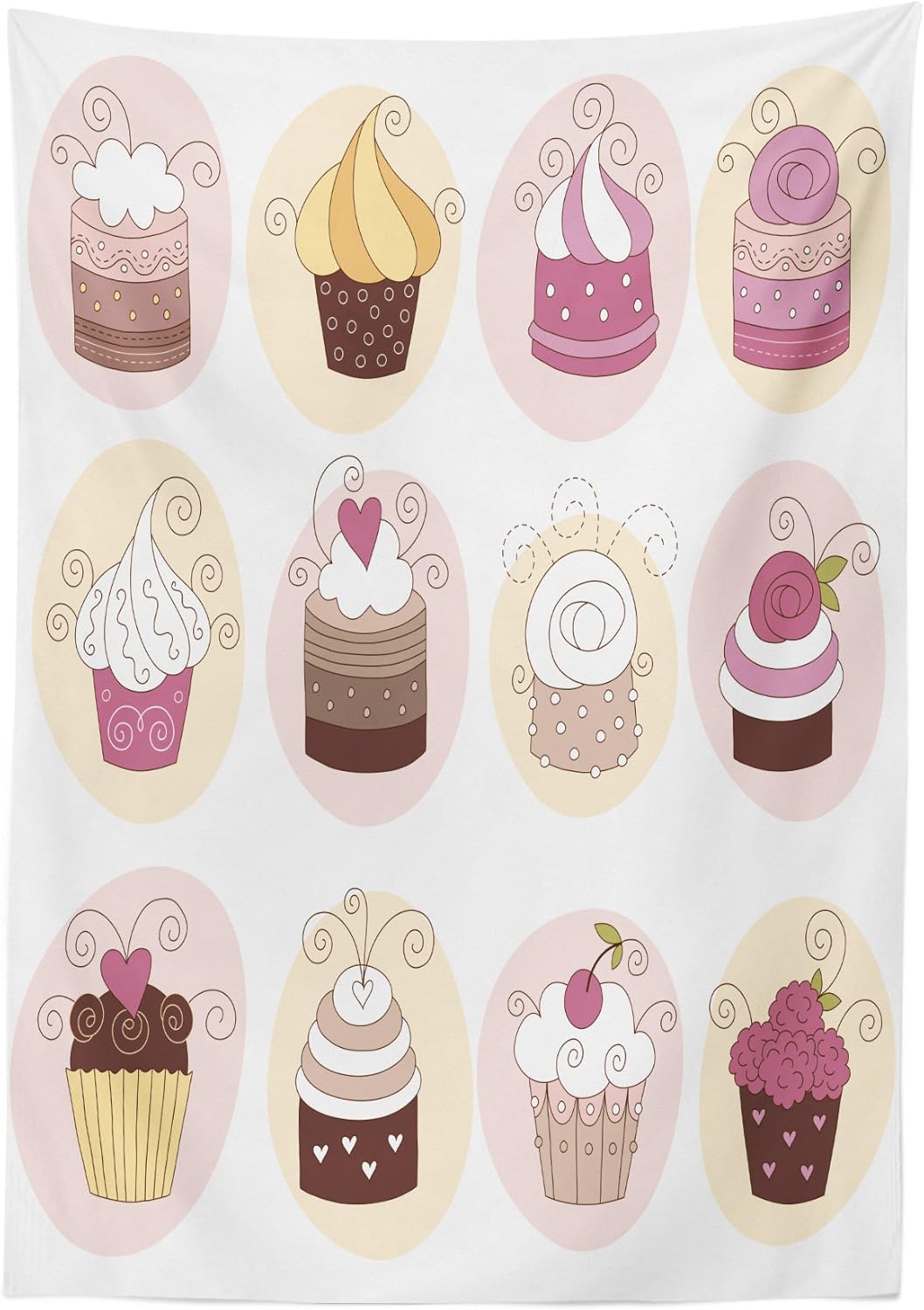 Ambesonne Retro Tablecloth, Cupcakes Bakery Pastry Design Cartoon Doodle Style Deserts Creamy Cakes Retro, Dining Room Kitchen Rectangular Table Cover, 60" X 84", Pink Cream 60" X 84" Pink Cream