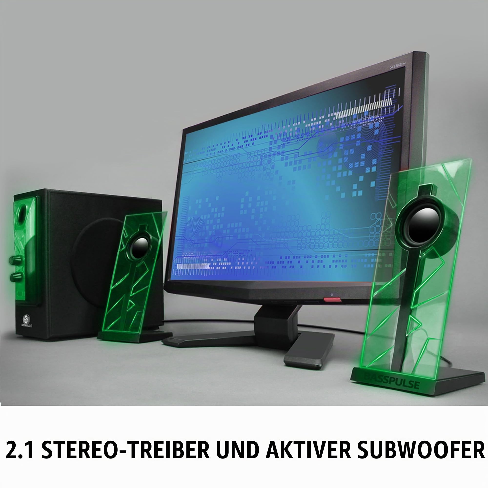 GOgroove 2.1 Soundsystem Computer Lautsprecher PC mit LED Effekt Desktop PC Lautsprecher 2.1 Anlage mit Subwoofer und blauen LED Highlights, Perfekt Geeignet für Stereo Gaming an Ihrem Computer - Grün