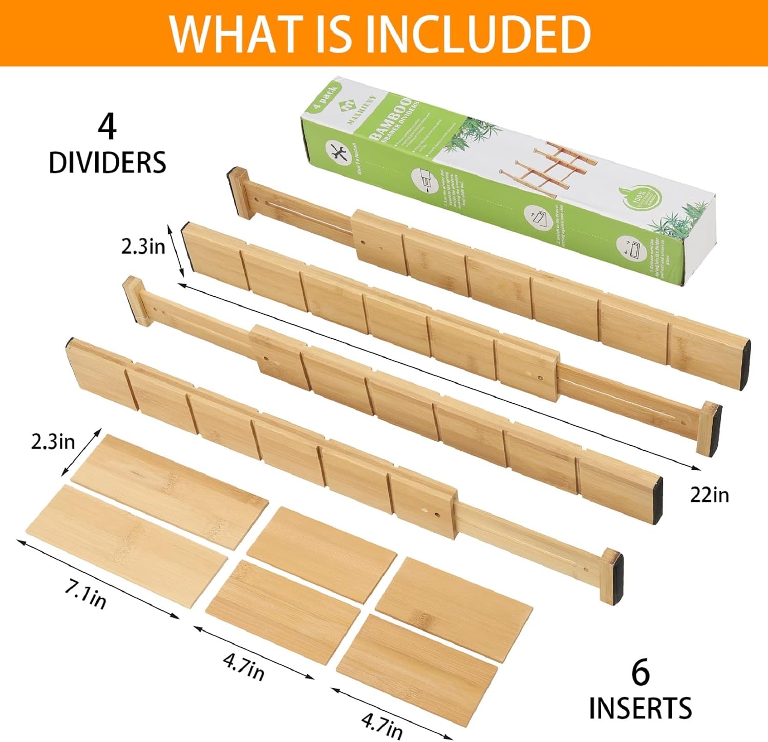 Bamboo Drawer Dividers with 6 Inserts, Expandable Drawer Organizer, Spring Loaded Adjustable Kitchen Drawer Organizer for Clothes Silverware Knife Utensil, Drawer Separators 4-Pack (17-22 inch)