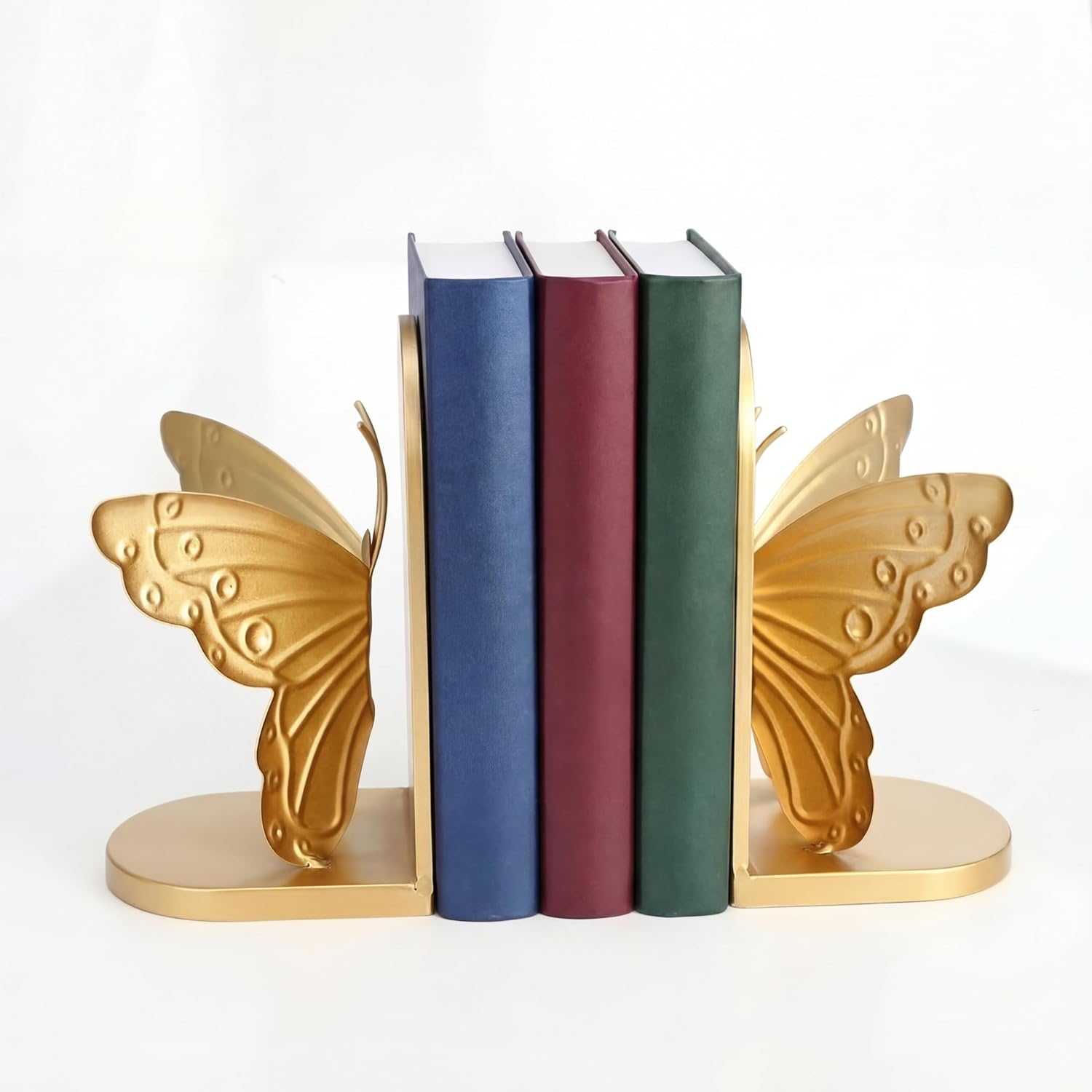 2 Pcs Vintage Butterfly Bookends Metal Butterflies on Stands with Gold Finish, 7" Tall Heavy Duty Decorative Book Ends, Book Stopper Holder Decor for Desk Home Office Shelf Decorations