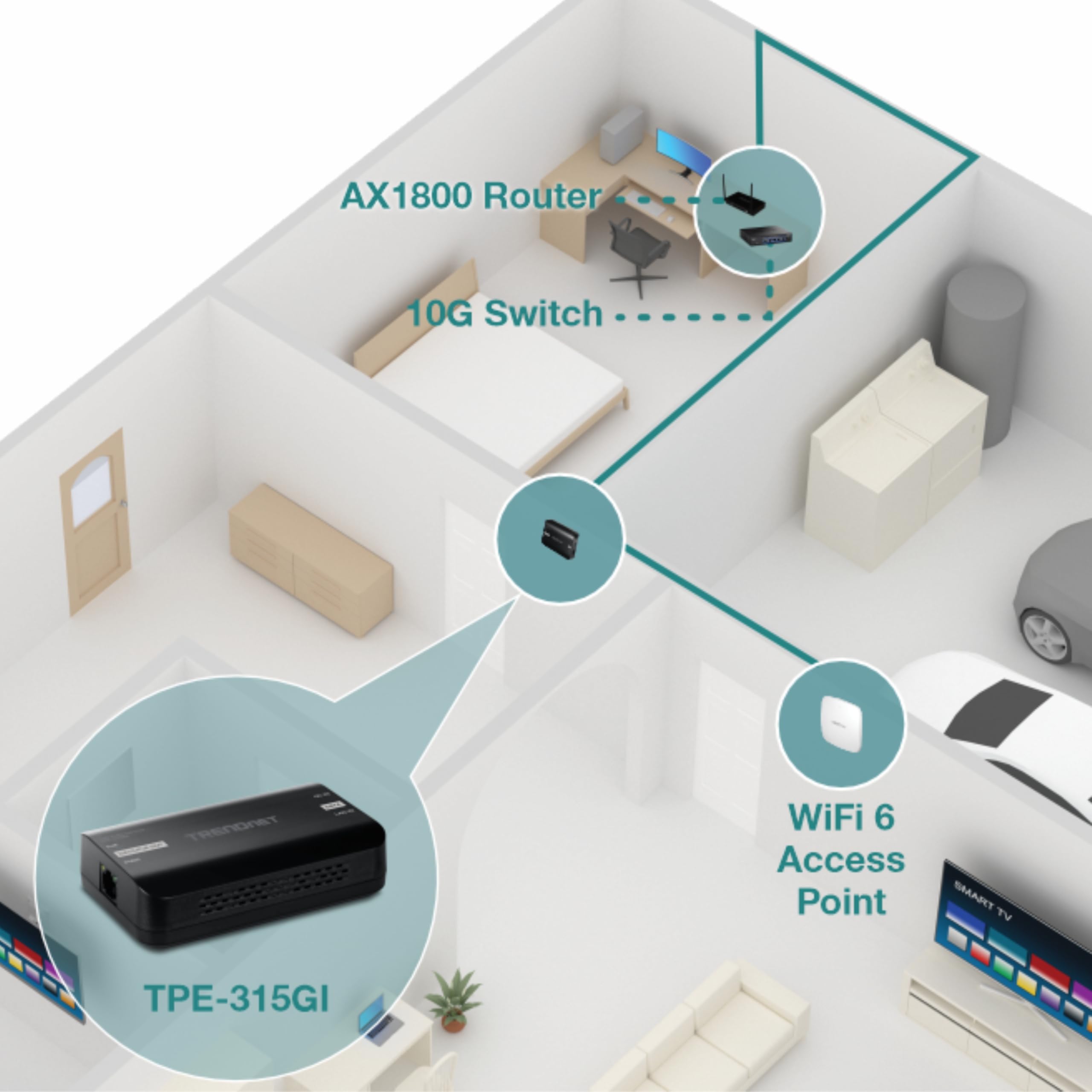 TRENDnet Wtryskiwacz PoE+ 10G, TPE-315GI, konwertuje port non-PoE na port PoE+, PoE (15,4 W) lub PoE+ (30 W), kompatybilny z 10GBASE-T, do 100 m (333 stóp), czarny