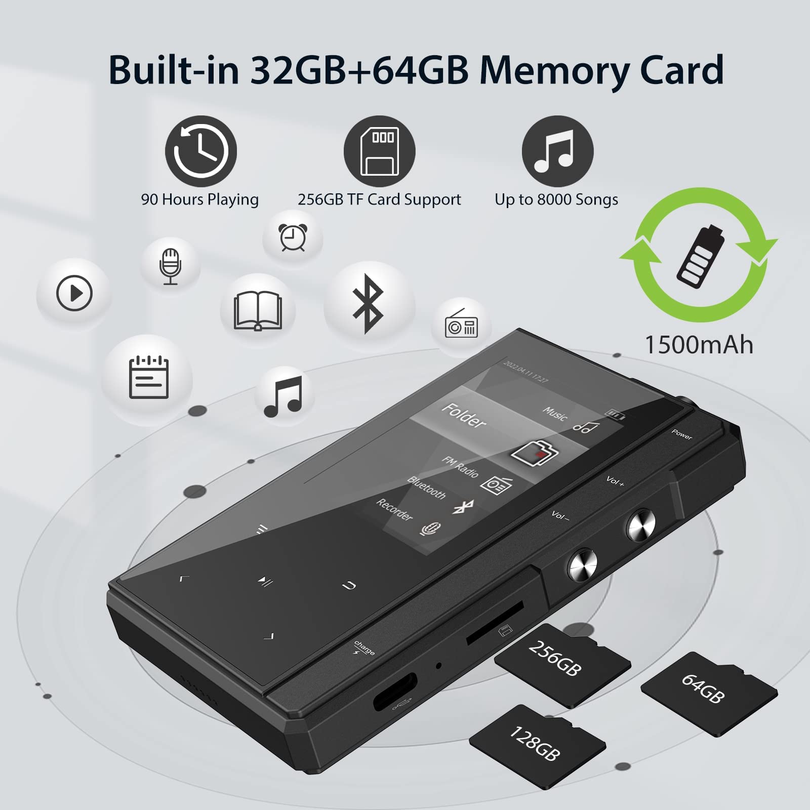 MP3-Player mit 90 Stunden Akkulaufzeit, Bluetooth 5.0, Phinitec Z6 Digital Audio Player mit Robustem und Langlebigem Metallgehäuse, 2,4 Zoll IPS Glasdisplay (Schwarz, 96, GB)