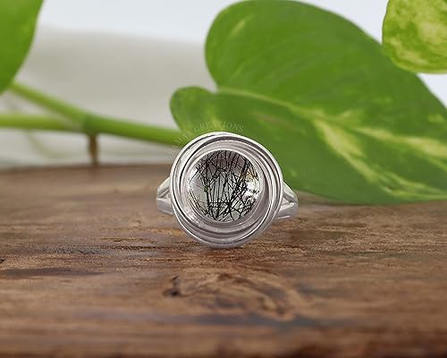 Miniatura 3 de Black Rutilated Quartz Ring Natural Round Cabochon Black Rutile Ring Sterling Silver 925 Handmade Jewelry