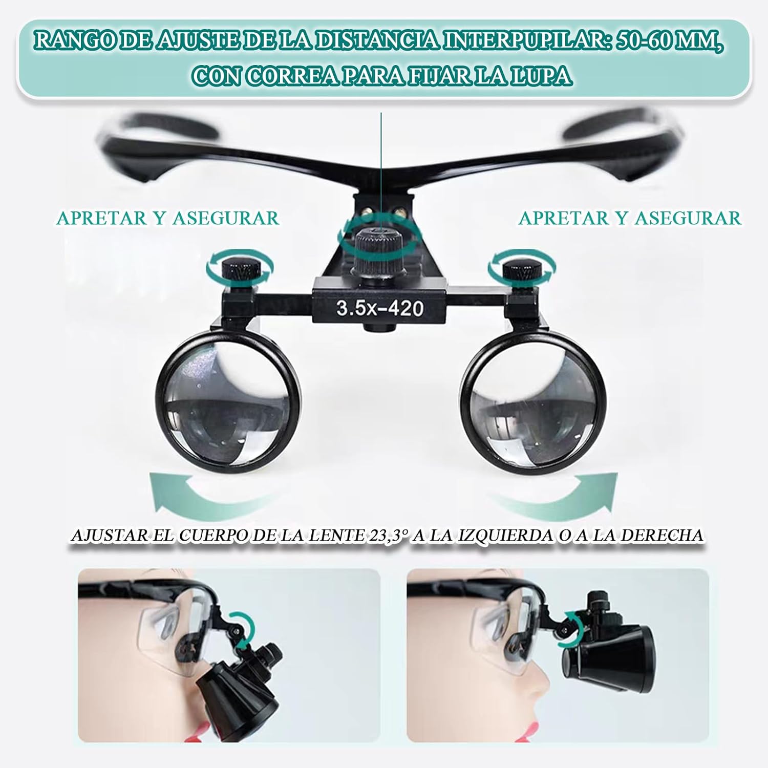 Dentist 3.5XLupa Professional Dental Magnification Glasses with LED Light Interpupillary Distance Adjustable from 50 to 60 mm for Medical Dental Surgical Leather-Silver